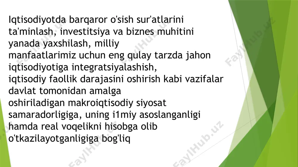 a iqtisodiy jarayonlaming kechishini tavsiflaydi. ochiq iqtisodiyot sharoitida doiraviy oqimlar modeli yanada murakkablashadi. endi ullda to'rtinchi makroiqtisodiy subyekt - tashqi dunyo ham paydo bo'ladi. chet el investitsiyalarinig kiritilishi va xorijga investitsiya qilinishi, eksport va import operatsiyalari, shu jumladan, moliyaviy bozor orqali jamg'armalarning investitsiyalarga oqib o'tishi, shuningdek, moliyaviy mablag'laming qayta taqsimlallishini e'tiborga olsak, ko'rib o'tilgan modelning mukammal emasligiga iqror bo'lamiz. ammo shu ko'rinishda ham bu model makroiqtisodiy jarayonlami yaxlit hold a tasavvur qilishga imkon beradi. doiraviy oqimlar modelidan chiqariladigan xulosa shuki, davlat, firmalar, uy xifjaliklari va tashqi dunyoga tegishli yalpi xarajatlaming yalpi ishlab chiqarishhajmiga teng bo'lishi - resurslar, tovarlar va xizmatlar oqimlari (ya'ni real oqim) bilan daromadlar va xarajatlar oqimlarining (ya'ni pul oqimlari) o'zaro teng bo'lishi uchun asos hisoblanadi e'tiboriz uchun katta raxmat image1.jpeg image2.jpeg image3.jpeg image4.jpeg image5.jpeg