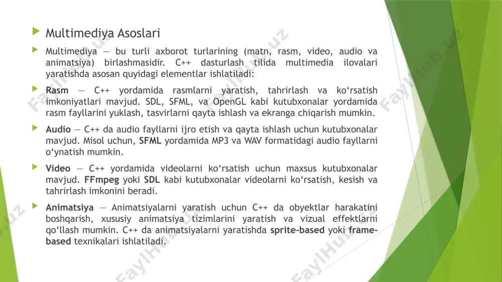 . opengl: agar siz 3d o‘yinlar yoki murakkab grafikalarni yaratmoqchi bo‘lsangiz, opengl ideal tanlovdir. bu kutubxona ko‘proq murakkab va yuqori samaradorlikni talab qiladi, lekin keng imkoniyatlar taqdim etadi. animatsiya yaratishning asosiy texnikalari: 2d animatsiya (raster va vector) 3d animatsiya fizikaga asoslangan animatsiya keyframe animatsiya procedural animatsiya transformatsiya animatsiyasi 1. 2d animatsiya (raster va vector) 2d animatsiya — bu ikki o‘lchovli tasvirlar yordamida yaratilgan animatsiyalardir. bu animatsiyalar odatda raster (piksel asosida) yoki vektor (geometrik shakllar yordamida) tasvirlar orqali yaratiladi. 2. 3d animatsiya 3d animatsiya — bu uch o‘lchovli tasvirlarni harakatlantirish va ularning o‘zgarishini ko‘rsatish san'ati. 3d animatsiyada ob'ektlar xususiyatlari (yo‘nalish, o‘lcham, holat) vaqt davomida o‘zgaradi. 3. fizikaga asoslangan animatsiya fizikaga asoslangan animatsiyalar turli tabiiy jarayonlarni simulyatsiya qilish uchun ishlatiladi, masalan, harakat, kuch, tortishish, suyuqlik va boshqa tabiiy kuchlar. 4. keyframe animatsiyasi keyframe animatsiyasi — bu animatsiya yaratish texnikasida, animatsiyaning boshidagi va oxiridagi kadrlar (keyframes) yaratiladi, va keyin bu kadrlar orasidagi harakat …