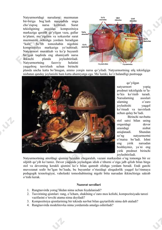 etishi kerak. aks holda tasvir jonsiz, ta`sirsiz chiqib qoladi. chunki unda buyumlardagi soya-yorurlar, shu`lalar, rang tuslarining o’yini ifodaviyligi yaqqol ko’rinib turadi. ular tasvir shaklini, yorqinligini, yaxlitligini ko’rsatishda xizmat qiladi. natyurmortni qanday xonada qo’yilganligi ham uning yorur yoki qoronguligi, nur derazadan qay holatda va burchak ostida tushayotgani ham muhim ahamiyat kasb etadi. shu`la («blik») va rangli shu`la («refleks») natyurmortdagi deyarli barcha predmetlarda aks etib turadi. natyurmortdagi narsalarni mazmunan bir-biriga bog`lash maqsadida unga cho’ziqroq narsa kiritiladi. surat tekisligining asosidan kompozitsiya markaziga qaratib qo’yilgan vaza, gullar to’plami, mo’yqalam va xokazolar surat mazmunini ochishga yordam beradigan “kalit” bo’lib tomoshabin nigohini kompozitsiya markaziga yo’naltiradi. natyurmort murakkab va ko’p buyumli bo’lgan taqdirda eng ahamiyatli narsa ikkinchi planda joylashtiriladi. natyurmortning fazoviy holatini yaqqolroq tasvirlash uchun birinchi planda uncha katta bo’lmagan, ammo yorqin narsa qo’yiladi. natyurmortning ufq tekisligiga nisbatan qanday joylanishi ham katta ahamiyatga ega. ma`lumki, ko’z balandligi pastroqqa qo’yilgan natyurmort yopiq predmet tekisligida to’la-to’kis ko’rinib turadi. narsalarning …