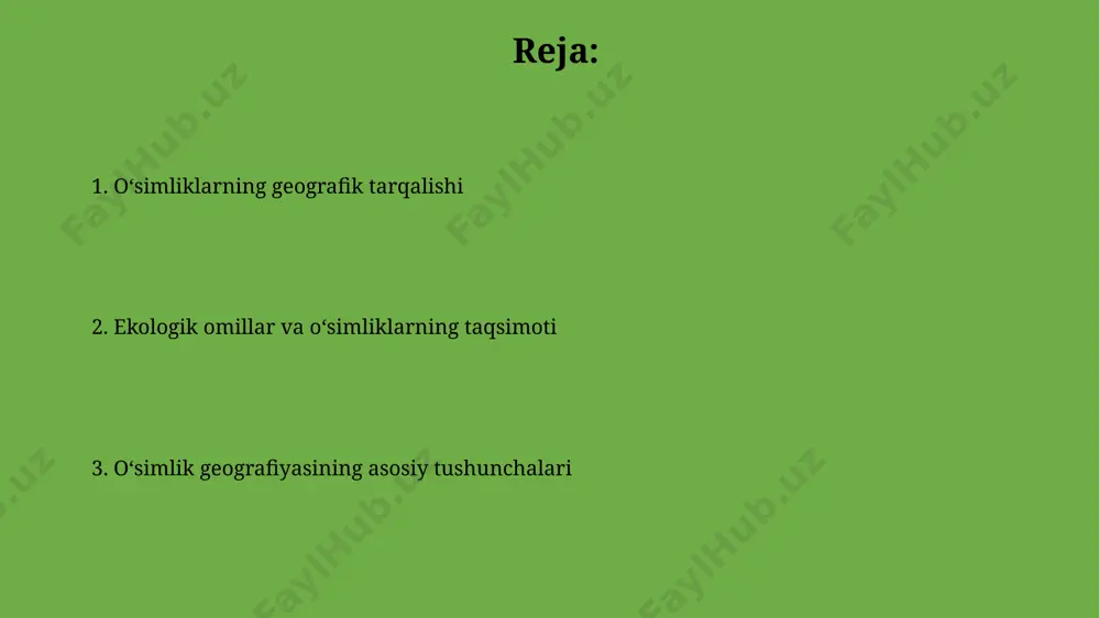 ri, masalan, 1000 mm dan ortiq, markaziy osiyodagi tog'li hududlarida o'simliklarning zich o'sishiga sabab bo'ladi, ammo cho'l hududlarida (masalan, qoraqalpog'iston) o'simliklar kam uchraydi. o'simlik geografiyasi fanining mohiyati o'simlik geografiyasi yer sharining 14 ta asosiy fitoklimatic mintaqalarini, masalan, tropik o'rmonlar va cho'llarni, o'simliklarning tarqalishini va o'zaro ta'sirini o'rganadi. o'simlik geografiyasi floraning 50% dan ko'prog'ini tashkil etuvchi o'simliklarning evolyutsion tarixi, turli ekologik sharoitlarga moslashishi va geografik o'zgarishlarga bog'liqligi bilan shug'ullanadi. o'simlik geografiyasining amaliy ahamiyati tabiiy resurslarni, jumladan, 2000 dan ortiq o'simlik turlarini, samarali boshqarish va muhofaza qilish uchun, masalan, amazon o'rmonlari yoki sibir taygalari kabi ekologik tizimlarda, o'simlik geografiyasi muhim ahamiyat kasb etadi. o'simlik geografiyasi 150 dan ortiq davlatda oziq-ovqat mahsulotlari yetishtirishni rejalashtirishda, masalan, g'arbiy yevropa va janubiy amerika mamlakatlarida hosildorlikni oshirish uchun qo'llaniladi. o'simliklarning antropogen o'zgarishlari 1950-yillardan buyon aral dengizi atrofidagi o'simliklarning 70% ga yaqini tuproq sho'rlanishi va suv etishmasligi natijasida yo'q bo'lib ketgan, bu antropogen ekologik falokatga misoldir. qo'rqoq tog'lari …