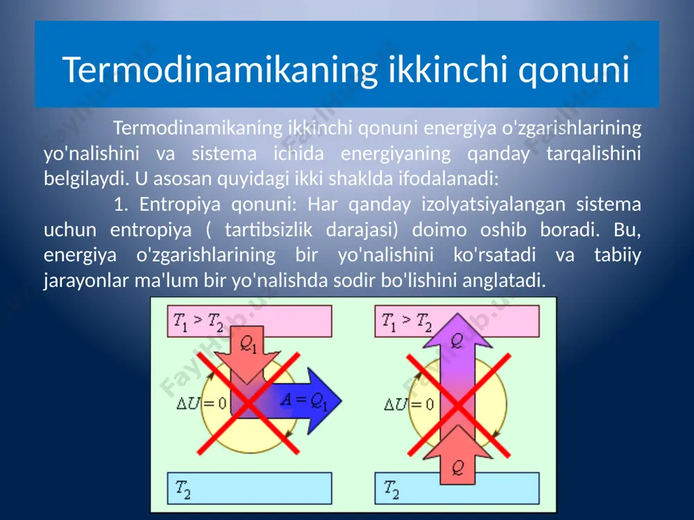 no siklini ishlab chiqish, mexanika va termodinamika sohalarida ko‘plab muhim konsepsiyalarni tushunishda yordam beradi va energiya samaradorligini oshirish uchun yangi texnologiyalar yaratishda asosiy rol o‘ynaydi. issiqlik mashinasining maksimal foydali ish koeffitsiyenti. issiqlik mashinasining maksimal foydali ish koeffitsiyenti (fik) carnot tsiklidan kelib chiqadi va quyidagi formulaga ega: bu yerda: t_c— past temperaturali rezervuar (kelvin), t_h— yuqori temperaturali rezervuar (kelvin). foydali ish koeffitsiyenti 0 dan 1 gacha bo'lgan qiymatga ega bo'lib, 1 (yoki 100%) ga erishish mumkin emas. bu nazariy koeffitsiyent, real issiqlik mashinalari esa har doim undan pastroq bo'ladi. termodinamikaning uchinchi qonuni termodinamikaning uchinchi qonuni, yoki nernst qonuni, sistemaning entropiyasi juda past haroratlarda nolga yaqinlashishini bildiradi. bu qonun shuni ko'rsatadiki, ideal kristall materialining entropiyasi 0 k (yoki -273,15 °c) haroratda nolga teng bo'ladi. bu qonun termodinamikaning boshqa qonunlari bilan birga, energiya va entropiya o'rtasidagi munosabatlarni tushunishga yordam beradi. shuningdek, bu qonun juda past haroratda jarayonlar va moddalar xususiyatlarini o'rganishda muhim ahamiyatga …
