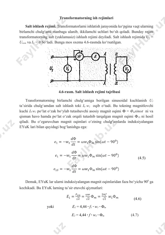 r1 agar eyuk 1s ni chulg‘amdagi kuchlanishning induktiv pasayuvi 0 · xl1 bilan kompensatsiya qilinadi desak va 0 r1=r1 bo‘lsa: ū 1 = 1 + ū r1 + ū l1 yoki ū 1 = 1 + 0 r1 + 0 x l1 (4.8) tok i0 birlamchi chulg‘am nominal tokining (3‚10) % ini tashkil etgani uchun vektor diagrammada hosil bo‘lgan kuchlanishlar uchburchagi real masshtablarda qurilsa, juda kichik bo‘ladi. shuning uchun u1 ≈ e1 deyish mumkin. u holda olingan nisbat va e1 = 4,44fw1fm ga binoan asosiy magnit oqimi ф ni kuchlanishga proporsional deyish mumkin. salt ishlash rejimida transformatorning quvvat koeffitsienti cosφ0 = 0,2‚0,3, ikkilamchi chulg‘amdagi tok i2 = 0 bo‘lgani uchun u20=e2 bo‘ladi. natijada k= i10 / i20 ; p0 = ppo’lat yuklama rejimi. bu rejimda kuchlanish yuklamaga bog‘liq emas. transformatorning ikkilamchi chulg‘amini biror yuklama ga ulaganimizda eyuk e2 ta’sirida undan i2 yuklama toki z2n o‘ta boshlaydi. bu tok hosil qilgan …