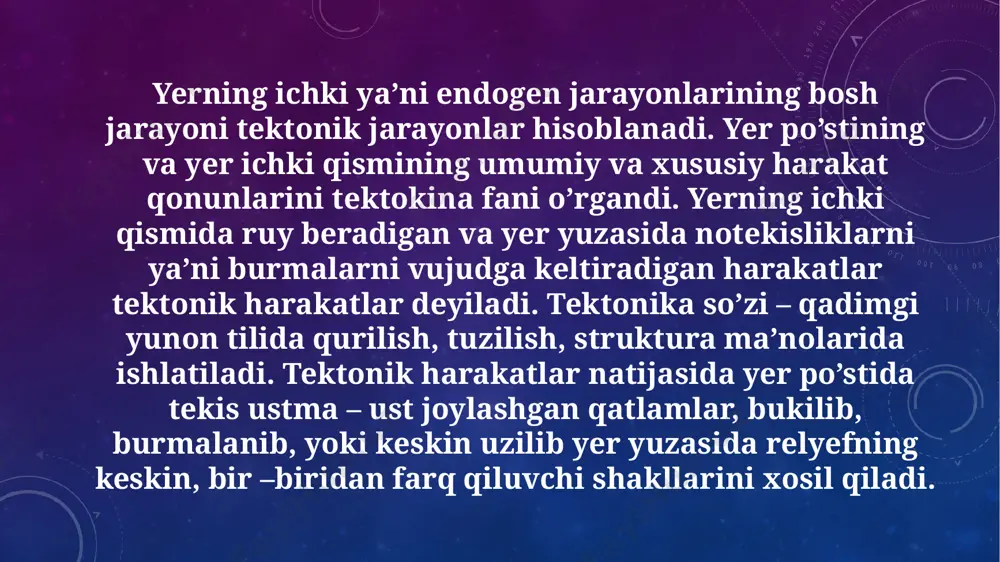 di. tektonik zilzilalar tez-tez sodir bo`ladigan joylar eng ko`p tektonik harakatlar kuzatiladigan faol hududlardir. tektonik jarayon natijasida yer po`stida qatlamlar burmalanadi, siqiladi, yoriladi, uziladi va yangi relyef shakli paydo bo`ladi. zilzila — litosferadagi jarayonlar natijasida yuzaga keladigan kuchli silkinish. aksariyati baland tog‘lar atrofida sodir bo‘ladi, chunki bu joylar hali ham shakllanishda davom etayotgan va yer qobig‘i harakatchan bo‘ladi. zilzilalar bir necha turga ega: tektonik, vulqon va ko‘chkilar. tektonik zilzilalar tosh plitalari siljish paytida yoki okean va kontinental platformalar to‘qnashuvi natijasida sodir bo‘ladi. bunday to‘qnashuvlar tog‘larni yoki sirt tebranishlarini hosil qiladi. eʼtiboringiz uchun rahmat image2.png image3.png image4.png image5.png image6.png /docprops/thumbnail.jpeg