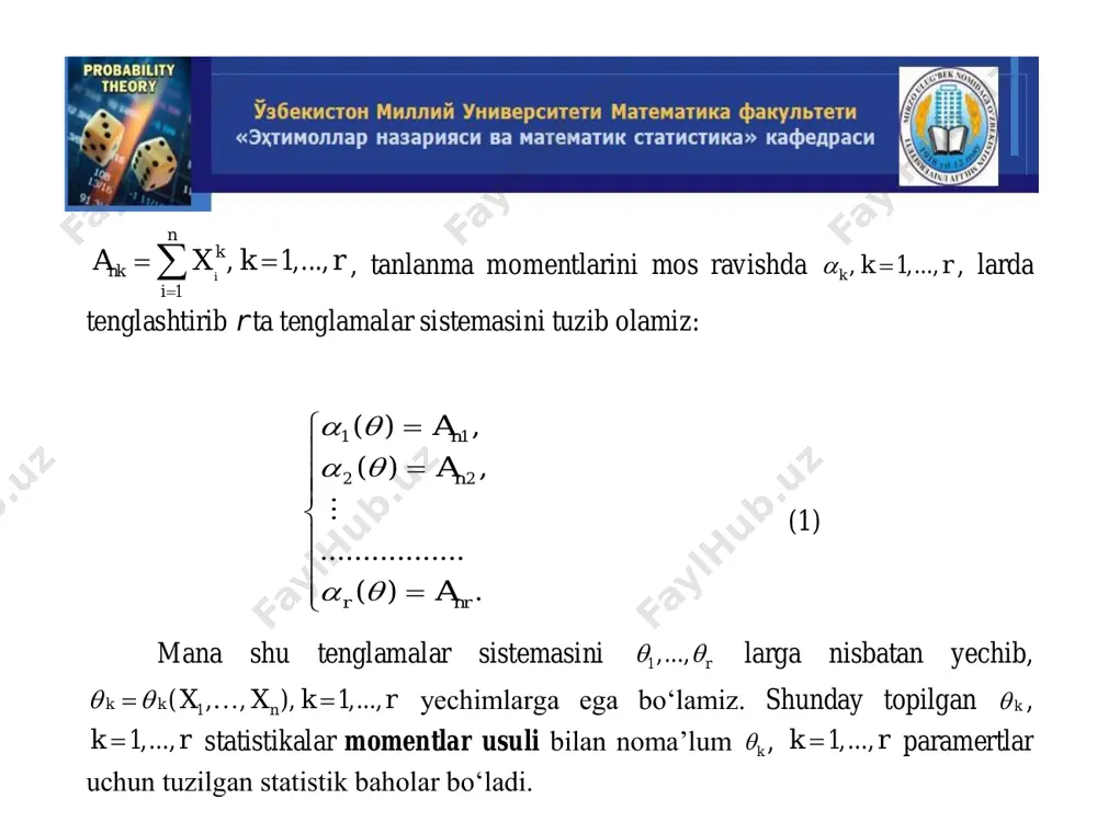 qulay bo‘ladi: * 1ln ( ,..., , ) 0, 1,... .n k l x x k r          (3) 4-misol. matematik kutilmasi va dispersiyasi noma’lum bo‘lgan, zichlik funksiyasi 2 1 2 ( ) 2 2 1 ( , ) 2 x f x e       bo‘lgan normal qonunni olaylik. haqiqatga maksimal o‘xshashlik funksiyasini tuzamiz: 2 1 2 2 ( ) 2 1 1 1 2 1 ( ,..., , ) ( , ) 2 ix n n n i i i l x x f x e                2 12 12 2 1 1 exp ( ) . 22 n in i x             bundan 2 1 1 2 2 1 2 …