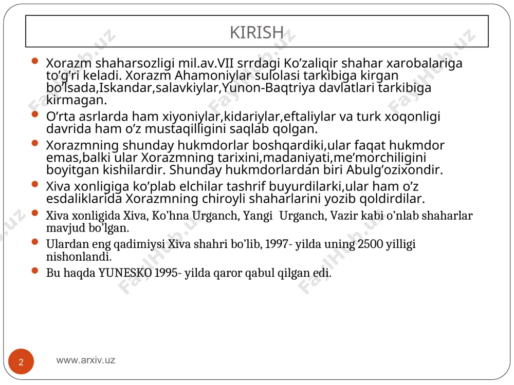 im savdo karvoni yo’llari kesishgan yerda joylash-ganligi uchun ham tez rivojlangan. ko’hna urganch x — xi asrlarda xorazm davlatinuig poytaxti edi. bu shahar arab geograflari asarida jurjoniya nomi bilan qayd etilgan. x asrning ikkinchi yarmida poytaxt gurganchda mustaqil amirlik tuzilgan. 995- yilda gurganch amiri ma'mun ibn muhammad poytaxti kot shahri bo’lgan xorazmshohlarni tor-mor etib, o’zini xorazmshoh deb e'lon qilgan. shu tariqa gur-ganch xorazm davlatining yagona poytaxtiga aylangan. xi—xii asrlarda bu shaharda madaniyat, ilm-fan rivojlandi. shahar mustahkam qal'a-devor bilan o’rab olindi. izoh! 1221-yilda mo’g’ullar ko’hna urganch shahrini suvga bostirgan edilar. 1646- yilda abulg’ozixon hozirgi urganch shahriga asos soldi. bunga yuqorida qayd etilgan amudaryoning o’z yo’nalishini o’zgar-tirib orol dengizi tomon oqa boshlagani, buning oqibatida gurganch-ning (ko’hna urganch) suvsiz qolganligi sabab bo’lgan edi. shundan keyin qadimgi guiganchning nomi ko’hna urganch bo’lib qoldi. www.arxiv.uz www.arxiv.uz vazir shahri. * vazir xorazmning shahar-qal'alaridan biri bo’lgan. tarixiy manbalarda qayd etilishicha, shayboniylardan bo’lgan mustafoxon tomonidan xv asr o’rtalarida …
