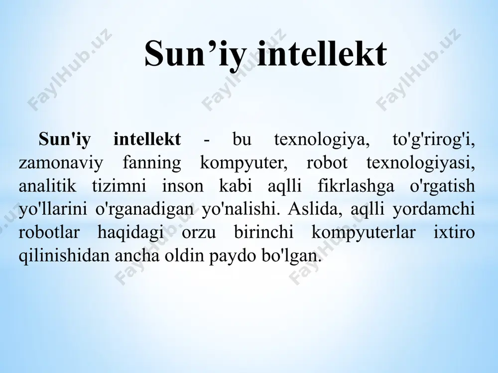 yil o'tgach (1973) freddi roboti yaratildi - ai oilasining bu shotlandiya a'zosi turli modellarni topish va yig'ish uchun kompyuter ko'rish qobiliyatidan foydalanishi mumkin edi. sun'iy intellektning rivojlanish tarixi axborot tizimida matnlar bilan ishlash axborot tizimida matnlarni hujjat ko’rinishida tayyorlash matnlarni qayta ishlash va saqlash matnli ma’lumotlarni uzatish tarmoqlar yordamida matnli ma’lumotlarni telefon tarmoqlar yordamida uzatish va to’siqlarga uchrashi(помех) matnlarni kompyuterda tarjima qilish matnlarni kompyuterda tarjima qilish promat.one dasturi matnlarni kompyuterda tarjima qilish microsoft bing dasturi matnlarni kompyuterda tarjima qilish “agama” dasturi matnlarni kompyuterda tarjima qilish “deepl” dasturi matnlarni kompyuterda tarjima qilish “ectaco universal translator” dasturi matnlarni kompyuter dasturlar yordamida tarjima qilish matnlarni kompyuter dasturlar yordamida tarjima qilish matnlarni kompyuter dasturlar yordamida ingliz tilida koreyski tilaga tarjima qilish matnlarni kompyuter dasturlar yordamida ingliz tilida koreyski tilaga tarjima qilish google perevodchik dasturi yaratilgan tarixi google translate 2014 yilda yaratilgan. to'liq huquqli qidiruv tizimini ishlab chiqish uchun ko'plab lug'atlar qayta o'qilgan bo'lishi kerak, …