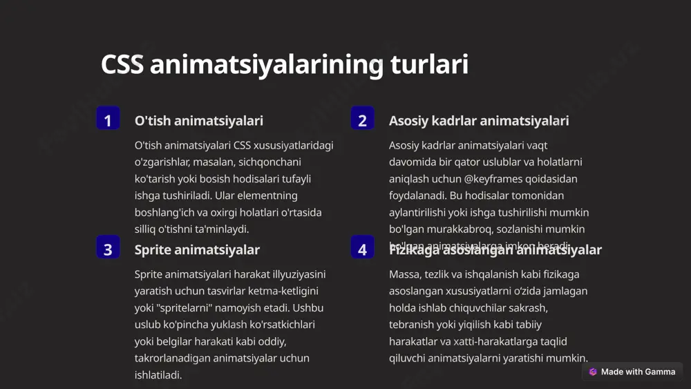 n osongina silliq, sezgir animatsiyalarni yaratishi mumkin. intuitiv shovqinlar o'tish animatsiyalari ko'pincha sichqonchani ko'tarish effektlari, tugmalarni bosish va shakl maydonini o'zgartirish kabi foydalanuvchilarning o'zaro ta'sirini yaxshilash uchun ishlatiladi. vizual fikr-mulohazalarni taqdim etish orqali ushbu animatsiyalar foydalanuvchilarga interfeys ularning harakatlariga qanday javob berishini tushunishga yordam beradi va umumiy foydalanuvchi tajribasini yaxshilaydi. ishlashni optimallashtirish o'tish animatsiyalari odatda asosiy kadr animatsiyalariga qaraganda engilroq va samaraliroqdir, chunki ular faqat o'zgaruvchan xususiyatlarni jonlantirishi kerak. bu ularni ishlash uchun muhim ilovalar uchun yoki ko'p sonli elementlarni animatsiya qilish uchun ajoyib tanlov qiladi. 5 maxsus xususiyatlarni jonlantirish lavozim chap, o'ng, yuqori va pastki kabi xususiyatlardan foydalangan holda elementning o'rnini animatsiya qilish, ta'sirchan harakat va qayta joylashtirish effektlarini yaratishi mumkin. o'zgartiradi masshtab, aylantirish va tarjima qilish kabi css konvertatsiyalari murakkab, vizual tarzda ajoyib animatsiyalarni yaratish uchun qurilish bloklarini ta'minlaydi. shaffoflik elementning noaniqligini animatsiya qilish, ko'pincha diqqatni tortuvchi yorug'lik yoki nozik o'tishlar uchun ishlatiladigan o'chadigan, o'chadigan va boshqa shaffoflikka …