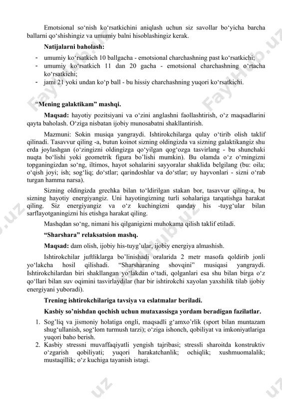 hiddatli yashay olmasangiz, aqlli yashashni boshlang. 3. o‘zingizga ehtiyot bo‘ling: bu sizga charchoqning birinchi alomatlarini o‘z vaqtida sezishga yordam beradi. 4. ichki ovozingizni tez -tez tinglang. u sizga stressni oldini olish uchun qanday harakatlardan qochish kerakligini aytishi mumkin. 5. o‘zingizga g‘amxo‘rlik qiling: muvozanat va uyg‘unlikka intiling, sog‘lom turmush tarzini olib boring, muloqot ehtiyojlaringizni qondiring. 6. uyqu vaqtiga e‘tibor bering. agar odatdagi uyqu rejimlari stress tufayli buzilgan bo‘lsa, ayanchli holatga tushib qolish xavfi bor: stress uyqusizlikni keltirib chiqaradi va uyqusizlik stressni yanada oshiradi. 7. o‘zingizni seving yoki hech bo‘lmaganda o‘zingizga ma’qul kelishga harakat qiling. 8. o‘z moyilligingiz va imkoniyatlaringizga muvofiq ishni tanlang: bu sizga o‘z o‘rningizni topishga, kuchingizga ishonishga imkon beradi. 9. boshqalar hayoti bilan emas, o‘z hayotingiz bilan yashang. odamlar o‘rniga emas, balki ular bilan birga. 10. o‘zingizga vaqt ajrating, siz nafaqat ishlashga, balki shaxsiy hayotingizga ham huquqingiz bor. 11. “o‘qituvchining bo‘sh vaqti - pedagogik ijodkorlik tarmoqlarini oziqlantiruvchi ildiz”, - …