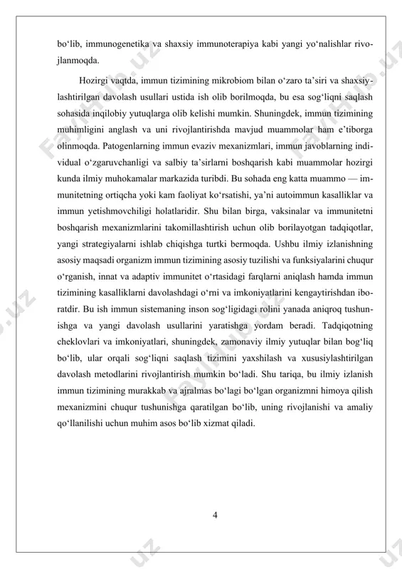 qismlariga mos keladigan oqsillar bo’lib, ularni neytrallashtirish yoki yo’q qilish uchun mo’ljallangan. t hujayralari esa, patogenlarni to’qimalar ichida yo’q qilish yoki ularni boshqa immun hujayralar bilan hamkorlikda yo’q qilishda yordam beradi. adaptive immunitetning muhim xususiyatlaridan biri — uning xotira qobiliyati. bu, avvalgi hujumdan so’ng, organizmga kirgan patogenlarni tezroq va samaraliroq aniqlash va yo’q qilish imkonini beradi. immun tizimining faoliyatida antijenlar va antikorlar muhim rol o’ynaydi. antijenlar – bu patogenlar yoki ularning qismlari bo’lib, ular immun javobni boshlash uchun signallar beradi. antikorlar esa, b hujayralari tomonidan ishlab chiqariladi va ular antijenlarga aniq mos keladi, ularni neytrallashtirish yoki yo’q qilish uchun mo’ljallangan oqsillar. shuningdek, limfotsitlar, makrofaglar, sitokinlar va boshqa hujayralar immun javobni boshqaradi, muvofiqlashtiradi va kuchaytiradi. immun tizimining muvaffaqiyati uni to’g’ri ishlashiga, yaroqsiz yoki zaif bo’lmagan holatlariga bog’liq. masalan, immun tizimining zaiflashishi, immunosupressiya yoki autoimmun kasalliklar rivojlanishiga olib kelishi mumkin. autoimmun kasalliklarda, immun tizimi o’zining to’qimalariga qarshi autoantikorlar ishlab chiqaradi va ularni …