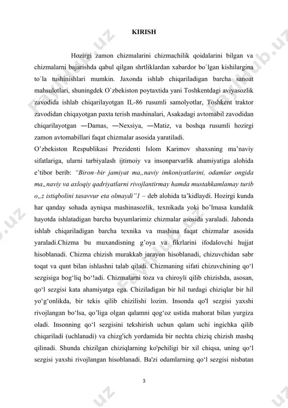 ur. chunki chizmalarsiz buyumlarni yasab bo’lmaydi. buyumning shaklini va o‘lchamlarini tekislikda aniq ko‘rsatadigan tasvir ko‘mpleks chizma yoki qisqacha qilib chizma deyiladi. i bob. chizmalarni bajarishga oid umumiy qoidalar har qanday chizma konstruktorlik hujjatlarining yagona tizimi (khyt) standartlarida chiziladi. khyt(yskd) standartlari turli chizmalarni (konstruktorlik hujjatlarini) tayyorlash va taxt qilishning barcha sanoat tarmoqlari uchun yagona qoidalarni belgilovchi me’yoriy hujjatlardir. faqat konstruktorlik hujjatlari uchungina emas, korxonalarda ishlab chiqariladigan mahsulotlarning barcha tu rla ri uchun ham standartlar belgilangan. davlat standartlari hamma korxonalar va ayrim shaxslar uchun majburiydir (ilovaga qaralsin). standartlashtirish detallarning o‘zaro almashinuvchanligiga imkon tug‘diradi, ya’ni standartlarga mos detallarning birini ikkinchisiga almashtirish mumkin. bu standartlashtirilgan detallarni ko‘plab va yirik seriyalarda ishlab chiqarishni tashkil qilish imkonini beradi. ishlab chiqarish avtomatlashtirilgan va ehmdan foydalaniladigan davrda o‘zaro almashtiriladigan buyumlarning aniqligi yuksak darajada bolishiga erishildi. chizmachilikka standartlarni tatbiq etish chizmalarga bir xil talab qo‘yish imkonini beradi. davlat standartlarini buzib bolmaydi. ular barcha loyiha tuzish tash k ilo tla …