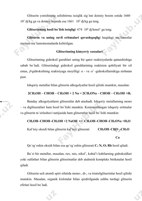 deb ham noto`g`ri atashadi. ulardan trinitroglitserin ch2 oho2 – choho2 – ch2 oho2 juda ham bekaror modda bo`lib, ozgina turtki yoki zarba natijasida ham parchalanib, juda katta kuch bilan portlash xususiyatiga ega. trinitroglitserinning kizel’gur bilan aralashmasi kuchli portlovchi modda – dinamit hosil qiladi. al’degidlar bilan glitserin atsetallar, ketonlar bilan esa ketallar hosil qiladi. ketonlardan atseton – glitserin juda katta ahamiyatga egadir: atsetal ketal atseton – glitserin yog` kislotalarining -monoglitseridlarini sintez qilishda qo`llaniladi. spirtlar bilan glitserin oddiy efirlar hosil qiladi: o`yuvchi ishqorlar va ishqoriy metallarning oksidli birikmalari bilan qizdirilganda poliglitserinlar deb ataluvchi oddiy efirlar hosil bo`ladi: diglitserin triglitserin olti va undan ortiq glitserin molekulalaridan tashkil topgan poliglitserinlar tsiklik tuzilishga ega bo`lishi mumkin. diglitserin glitseringa nisbatan kattaroq zichlikka ega va yuqoriroq haroratda qaynaydi. havoning kislorodi kimyoviy toza glitseringa ta`sir qilmaydi. glitserin faqat katalizatorlar ishtirokidagina kislorod bilan oksidlanishi mumkin. suvsizlantiruvchi moddalar ishtirokida (masalan, nahso4) glitserin qizdirilganda akrolein hosil bo`ladi. bu reaktsiya bosqichma – …