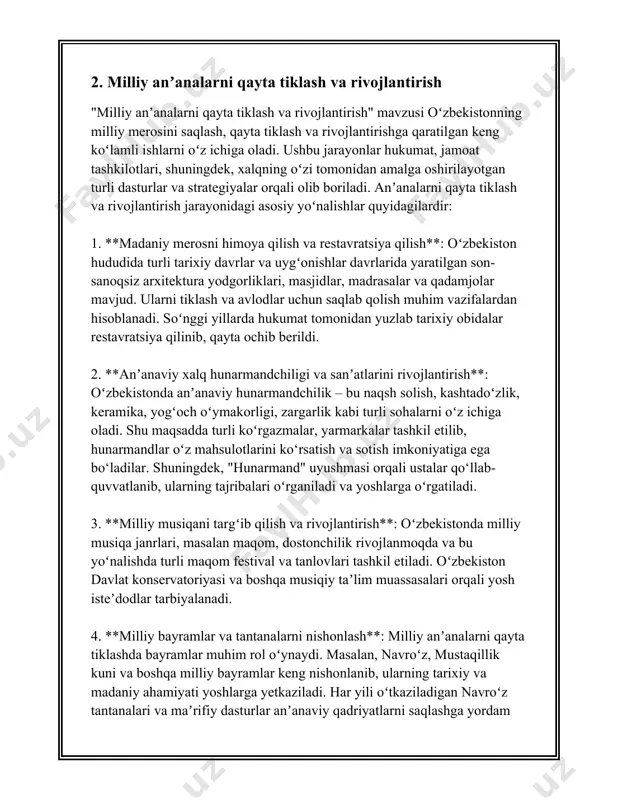 ega. diniy ta'lim yoshlar orasida axloqiy me'yorlarning shakllanishida muhim hisoblanadi. o'zbekistonda maktab dasturlarida dinshunoslik kurslari yoki diniy tarbiya elementlari kiritilgan. bundan tashqari, mamlakatda yuzlab masjidlar va diniy ta'lim muassasalari faoliyat ko'rsatmoqda, ular yoshlarga diniy va axloqiy bilimlar berishadi. yoshlarning ma'naviy tarbiyasini rivojlantirishda jamoat tashkilotlari va yoshlar harakatlari ham ishtirok etadi. o'zbekistonda 2021 yilda tashkil etilgan "yoshlar ittifoqi" kabi tashkilotlar yoshlar uchun turli loyihalar va dasturlar tashkil etadi. bu tashkilotlarning maqsadi yoshlarning axloqiy fazilatlarini rivojlantirish, ularni vatanparvarlik, halollik va mehnatsevarlik ruhida tarbiyalashdan iborat. kelgusida yoshlarning ma'naviy tarbiyasini kuchaytirish uchun ko'plab chora-tadbirlar rejaga kiritilgan. 2023 yil ma'lumotlariga ko'ra, o'zbekiston hukumati yoshlar tarbiyasini yaxshilash maqsadida yangi dasturlar va qo'llanmalarni ishlab chiqmoqda. bu rejalarda yoshlar tarbiyasida raqamli texnologiyalar va innovatsion yondashuvlardan foydalanish nazarda tutilgan. xulosa qilib aytganda, yoshlarning ma'naviy tarbiyasi o'zbekistonning barqaror va ravnaq topgan jamiyat qurishidagi strategik masalalaridan biridir. ushbu sohada olib borilayotgan ishlar yoshlarning kelajagi va jamiyatda sog'lom qadriyatlarning shakllanishiga xizmat qiladi. …