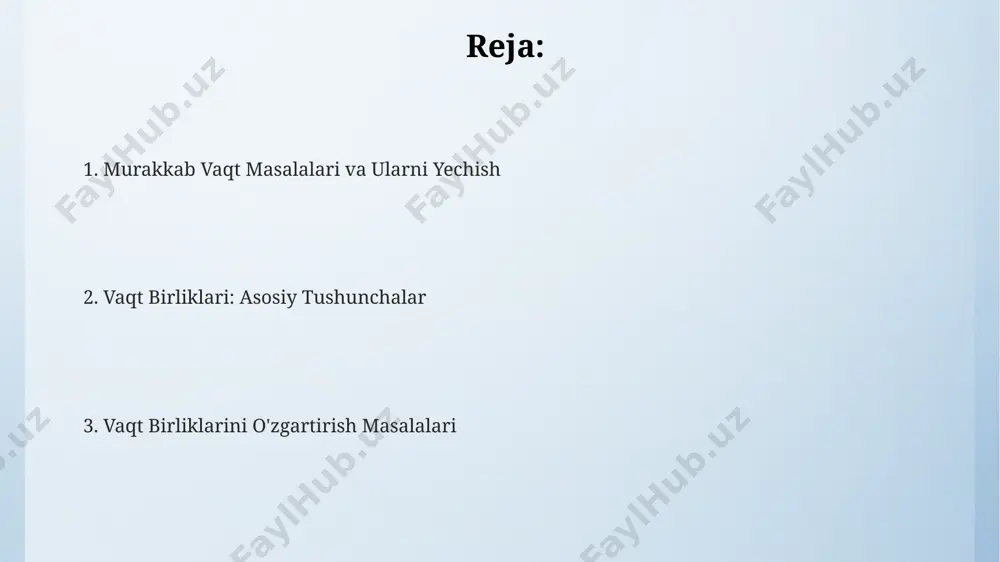 orasidagi vaqt farqini aniqlashda, qo'shish, ayirish, ko'paytirish va bo'lish amallarini to'g'ri qo'llash zarur, natijani mos vaqt birligida ifodalash lozim. har bir amaliy masala yechimining to'g'riligini tekshirish uchun turli usullarni qo'llash mumkin, shu jumladan, natijani boshqa usul bilan hisoblash yoki olingan javobning mantiqiyligiga tahlil qilish orqali tekshirish mumkin; masalan, 15 minut 25 sekundga 10 minut qo'shsak, 25 minut 25 sekund bo'ladi sodda misollarni yechish masalalarni yechishda vaqt oralig'ini aniqlash uchun, boshlang'ich va oxirgi vaqtlar orasidagi farqni hisoblash zarur. masalan, soat 9:15 dan soat 11:45 gacha bo'lgan vaqt oralig'i 2 soat 30 minutni tashkil etadi. murakkabroq misollarni yechishda, bir necha turdagi vaqt birliklarini (sekund, minut, soat, kun) bir-biriga o'tkazishni bilish talab etiladi. masalan, 3600 sekundni soatga o'tkazish uchun 3600/60/60 = 1 soat hisoblanadi. vaqt birliklari bo'yicha sodda misollarni yechishda, 60 soniyani 1 minut, 60 minutni 1 soat va 24 soatni 1 sutka bilan bog'lash muhim hisoblanadi. bunday o'zgarishlarni amalga oshirish uchun ko'paytirish …