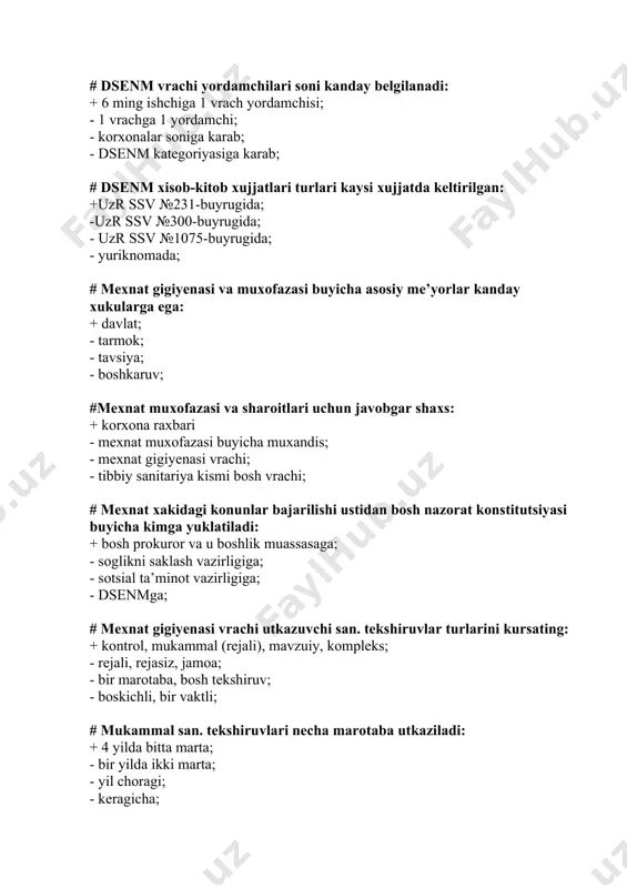avobgar shaxs: + korxona raxbari - mexnat muxofazasi buyicha muxandis; - mexnat gigiyenasi vrachi; - tibbiy sanitariya kismi bosh vrachi; # mexnat xakidagi konunlar bajarilishi ustidan bosh nazorat konstitutsiyasi buyicha kimga yuklatiladi: + bosh prokuror va u boshlik muassasaga; - soglikni saklash vazirligiga; - sotsial ta’minot vazirligiga; - dsenmga; # mexnat gigiyenasi vrachi utkazuvchi san. tekshiruvlar turlarini kursating: + kontrol, mukammal (rejali), mavzuiy, kompleks; - rejali, rejasiz, jamoa; - bir marotaba, bosh tekshiruv; - boskichli, bir vaktli; # mukammal san. tekshiruvlari necha marotaba utkaziladi: + 4 yilda bitta marta; - bir yilda ikki marta; - yil choragi; - keragicha; # «reja-topshirik» kaysi san. tekishruvlar natijasida tuziladi: + mukammal; - joriy; - kontrol; - mavzuiy; # eskizda omillar tekshirishni utkazish joyini kim belgilaydi: + mexnat gigiyenasi vrachi; - mexnat muxofazasi muxandisi; - san.gig. laboratoriya raxbari; - sex boshligi; # mexnat gigiyenasi fani asosiy vazfalari: + optimal sharoitlar yaratish, kasalliklarni kamaytirish, ish …