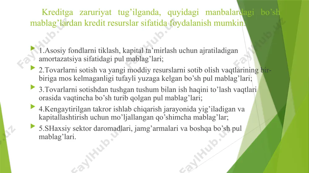 yuqori samara beruvchi tadbirlar uchun beriladi. muddatli kredit kredit shartnomasiga ko’ra to’lov muddati hali yetib kelmagan ssudadir. muddati uzaytirilgan kredit ayrim hollarda kreditni qaytarish muddati kelmasdan avval qarzdor tomonidan bankka taqdim etilgan iqtisodiy asoslangan yozma iltimosnoma asosida kreditni qaytarish muddatini keyinroqqa surilishi to’g’risida filial kredit komissiyalari qarorlari asosida bosh bank kredit qo’mitasi bilan kelishilgan holda ijobiy qaror qabul qilingan qarzlar muddati o’tgan kreditlar kredit shartnomasida belgilangan qaytarish muddati, shuningdek, garchi ularning muddati uzaytirilgan bo’lsa, uzaytirish muddati ham tugagan qarzlardir. muddati o’tgan kreditlar iqtisodiy mohiyatiga ko’ra qayta rasmiylashtirilgan hisoblanadi, chunki kredit shartnomasida muddati o’tqazib yuborilganligi uchun oshirilgan foiz stavkalarini qo’llash ko’zda tutiladi miqdori bo’yicha kreditlarning quyidagi turlari mavjud: mikro-kreditlar mikrokredit - qarz oluvchiga tadbirkorlik faoliyatini amalga oshirish uchun beriladigan eng kam ish haqining 1000 baravari miqdoridan oshmaydigan ssudadir. makro-kreditlar makrokredit - turli mulkchilik shaklidagi subyektlarga beriladigan eng kam ish haqining 1000 baravari miqdoridan oshadigan kreditlar. mono-kreditlar mono kreditlar - 1-darajali bank …
