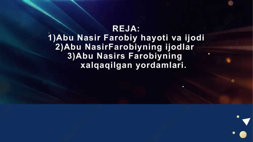 aydi va shu yerda umrining oxirgi kunlarini oʻtkazadi. u damashqsagi „bob assagʻir“ qabristoniga dafn etilgan. mavjud maʼlumotlarga qaraganda, farobiy 160 dan ortiq asar yozgan. lekin ularning aksariyati bizgacha yetib kelmagan. shunga qaramay, mavjud risolalarining oʻziyoq uning buyuk olim ekanligidan dalolat beradi. farobiy ilk oʻrta asrda, sharq uygʻonish davrida ijod etdi. bu davr ishlab chiqaruvchi kuchlarning oʻsishi, hunarmandchilik, irrigatsiya inshootlarining yuksalishi, yangi shaharlarning bunyod etilishi, madaniy va maʼnaviy hayotning ravnaq topishi bilan ajralib turadi. ix-x asrlarda ichki va tashqi savdo kuchaydi, ayniqsa, hindiston, xitoy, vizantiya, afrika mamlakatlari bilan aloqa yoʻlga qoʻyildi. bu davr qarama-qarshilik va adovatlardan xoli emas edi. farobiyning falsafiy qarashlarida oʻsha davrning yutuq va kamchiliklari, murakkab va ziddiyatli jihatlari oʻz ifodasini topdi. olimning ilmfan oldidagi xizmatlaridan biri uning yunon mutafakkirlari asarlarini sharxlaganligi va ularni yangi gʻoyalar bilan boyitganligidir. alloma, eng avvalo, arastu asarlariga sharhlar bitgan, uning naturfalsafiy gʻoyalarining targʻibotchisi va davomchisi sifatida tanilgan. farobiy, shuningdek, aflotun, aleksandr afrodiziyskiy, yevklid, …