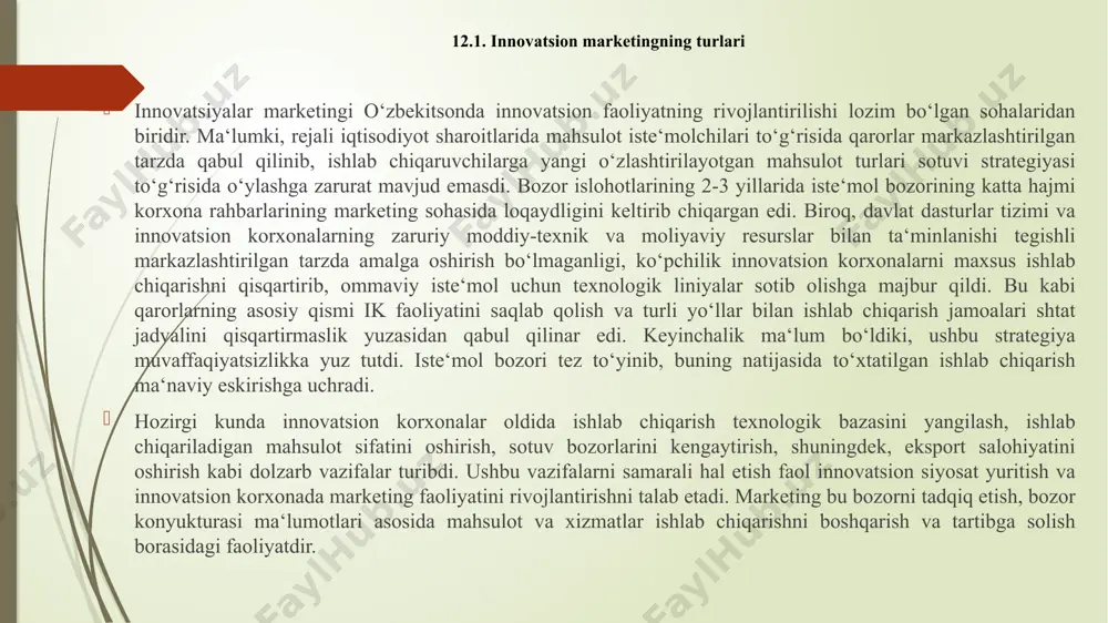 kompaniyalarga nisbatan orqa ekanligi, krxonaning bozordagi mavqeini shakllantiruvchi biznesning ideologiyasi mavjud emasligi hisoblanadi. innovatsiyalar marketingi kontseptsiyasi butun marketing xizmati, bozorni tadqiqot qilish va korxonaning raqobat strategiyasini qidirib topishning asosiy ishi bo’ladi. innovatsiyalarni qidirib topishning boshlang’ich bosqichida marketing bo’linmalarining birinchi darajali vazifasini bajarish: talab va raqobatning darajasi; xaridorning xulqi va uning afzalliklarining dinmikasi; raqobatlashuvchi mahsulotlarning mavjudligi va yangilik bozorida raqobatlashib qolish imkoniyatini o’rganishdan iboratdir. marketing strategiyasi, bozorning tahlili va operativ marketing quyidagi 6 printsipli bosqichlardan iborat bo’ladi. umumiqtisodiy tahlil; iqtiisodiy holatning tahlili; bozorni maxsus tadqiqot qilish; yangilikni kirib borishi strategiyasini ishlab chiqish; marketingning operativ tadbirlari; marketingga xarajatlar va undan daromadlarni baholash. marketing kontseptsiyasidan shu narsa kelib chiqadiki, innovatsion marketing zamonaviy tushunishda biznesning strategiyasi, falsafasi, boshqaruv tadbirlari va vazifalari va metodologik asosining yagonaligidan iboratdir. o’tish iqtisodiyotiga ega mamlakatlar uchun innovatsion marketing asosida yangilikdir. sanoati rivojlangan mamlakatlarda firmani rivojlanishining marketingi kontseptsiyasi o’n yilliklar davomida faxriy o’rinni egallaydi, bunda ta’kidlash kerakki, innovatsion marketingni ilmiy …