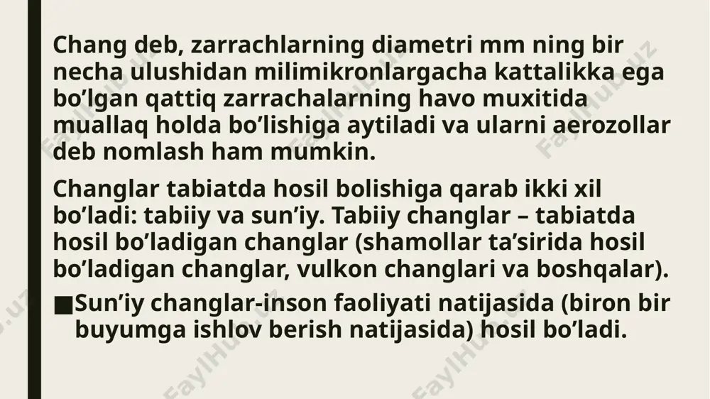 asboblar (masalan, gravimetrik metod yoki elektron to’planadigan filtrlash usullari) ishlatiladi. bu usulda, havodagi chang zarrachalari filtrlarga yigiladi va ularning og’irligi o’lchanadi. havoda chang miqdorini aniqlovchi sensorlar: zamonaviy asboblar, masalan, lazerli dispersiv fotometrlar, havodagi chang zarrachalarini real vaqt rejimida o’lchash imkonini beradi. bu asboblar o’zining nozikligi bilan ajralib turadi va zarrachalar sonini va hajmini aniq o’lchash imkonini beradi. videomikroskopiya: havodagi chang zarrachalarining shaklini va o’lchamini aniqlash uchun ishlatiladi. bu usulda havodagi chang tahlil qilinadi va tasvirga olingan zarrachalar mikroskop ostida ko’rib chiqiladi. 2. changning turli turlari havodagi changning turli turlari mavjud, ularning har biri inson salomatligiga turlicha ta’sir ko’rsatishi mumkin: katta zarrachalar (pm10): bu zarrachalar havoda 10 mikrometrgacha bo’lishi mumkin va ular asosan yirik chang, tuproq va qurilish materiallaridan kelib chiqadi. kichik zarrachalar (pm2.5): bu zarrachalar 2.5 mikrometrdan kichik bo’lib, ular havodagi yonilg’i va sanoat chiqindilari natijasida hosil bo’ladi. ular nafas yo’llariga chuqur kirib, salomatlikka jiddiy zarar yetkazishi mumkin. nanomateriallar: havodagi …