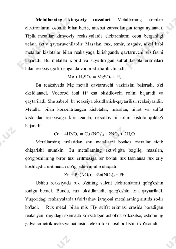 vanik elementlar. metallarning standart elektrod potensiali. kimyoviy reaksiyalar energiyasi bevosita elektr energiyasiga aylantirish uchun xizmat qiladigan qurilmalar galvanik elementlar yoki elektr tokining kimyoviy manbalari deb ataladi. galvanik elementda hosil bo'ladigan kuchlanish elektr yurituvchi kuch (e.yu.k.) deb ataladi. oksidlanish - qaytarilish reaksiyasi oksidlanish va qaytarilish yarim reaksiyalarining yig'indisidir. galvanik elementda yoki elektrolizda sodir bo'ladigan har bir yarim reaksiya ayrim elektrodlarda boradi. shu sababli yarim reaksiyalarni elektrod jarayonlari deb ham ataladi. elektr yurituvchi kuchni ham har bir yarim reaksiya uchun to'g'ri keladigan ikki kattalikni ayirmasi deb ham qarash mumkin. bu kattaliklar elektrod potensiallar deb ataladi. elektrod jarayonlarining potensiallari metallning tabiati (aktiv yoki passivligi)ga, eritmadagi ionlarning konsentrasiyasiga hamda sistemaning haroratiga bog'liqligi aniqlanadi. bu bog'lanish nernst tenglamasi bilan ifodalanadi: bu tenglamadagi: e - ayni elektrod potensiali; e0(ayni elektrodning standart (normal) potensiali; r(universal gaz doimiysi; t(absolyut harorat; n(reaksiyada ishtirok etuvchi elektronlar soni; f(faradey soni (96500 kl(mol); c(metall ionlarining eritmadagi konsentrasiyasi (mol(l). metall ionlari konsentrasiyasi 1 …
