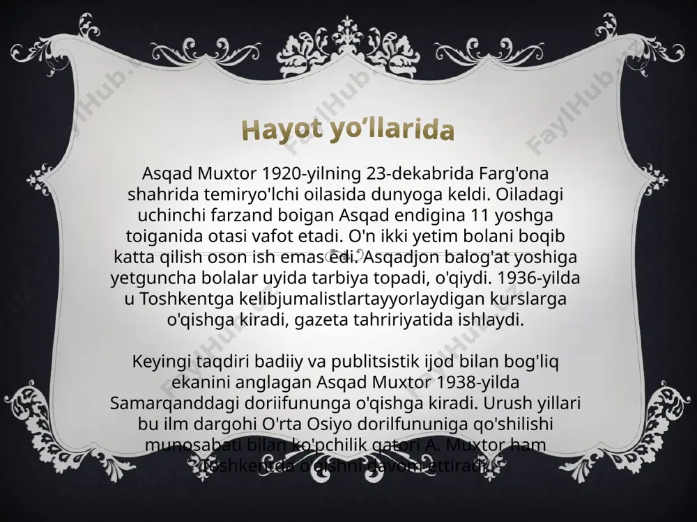 qsa, uning «99 miniatura», «karvon qo'ng'irog'i» to'plamlaridan joy olgan lirik asarlari o'z davri adabiyoti piligining sezilarli darajada ko'tarilishiga sababchi bo'lgan edi. o'tgan asrning 50-yillaridan boshlab asqad muxtor o'z ijodiy imkoniyatlarini prozaik janrlarda ham sinab ko'rishga kirishdi. dastlabki kichik hikoyalardan so'ng, birin-ketin yozuvchining «daryolar tutashgan joyda» (1950), «qoraqalpoq qissasi» (1958), «buxoroning jinko'chajari» (1980), «bo'ronlarda bordek halovat», «jar yoqasidagi chaqmoq» (1982), «kumush tola» (1987) singari qissalari, «opa-singillar» (1954-1955), «tug'ilish» (1960-1963), «davr mening taqdirimda» (1964), «chinor» (1969-1973), «amu» (1984) nomli yirik romaniari yaratilib chop etildi. bu asarlarning har biri o'zbek o'quvchisi tomonidan katta qiziqish bilan kutib olindi, jiddiy adabiy bahslar qo'zg'alishiga sababchi bo'ldi. bundan tashqari, asqad muxtorning bolalarga bag'ishlangan «chin yurakdan» (1956) nomli she'riy, «hayotga chaqiriq» (1956), ♦dunyo bolalari» (1962) nomli hikoyalar to'plami ham nashr qilindi. daraxtlarni burkab oq tuman suzar. eshitilmas qushlar navosi. nega muncha g‘amgin... nega dilni ezar erta bahor kuni bu kuz havosi? men nega yuribman bog‘ni aylanib, uyda axir …