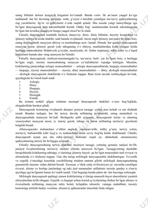 olimpiya o‘yinlari misolida quyidagicha tushuntirib bergan: an- jumanga keladigan bir guruh kishilar bellashish, kuch sinashish, ya’ni o‘zi va o‘zligini namoyon etish uchun, ikkinchi bir guruh — savdo-sotiq qilish, boyligini ko'paytirish uchun, uchinchisi esa, o‘yindan ma’naviy oziq olish, haqiqatni bilish va aniqlashni maqsad qilib oladi. ana shu uchinchi guruhga mansub kishilar, pifagor talqiniga ko‘ra, faylasuflar edi. bu, bir qarashda, oddiy va jo‘n misolga o‘xshaydi. ammo uning ma’nosi nihoyatda teran. chunki, inson umri ham shun- day. «dunyo teatrga o‘xshaydi, unga kelgan har bir kishi sahnaga chiqadi va o‘z rolini o‘ynab dunyoni tark etadi», degan fikr be- jiz aytilmagan. kimdir bu dunyoga uning sir-asrorlari to‘g‘risida bosh ham qotirmasdan kelib ketadi, umrini yeyish-ichish, uy- ro‘zqor tashvishlari bilan o‘tkazadi. boshqasi — nafs balosiga berilib, mol-mulkka ruju qo‘yadi. uchinchisi esa, olam hikmatla- rini o'rganadi, umrini xayrli va savob ishlarga sarflaydi, boshqalar uchun ibrat bo‘larli hayot kechiradi. qadimgi davrlarda har tomonlama chuqur bilim va katta hayo- tiy …
