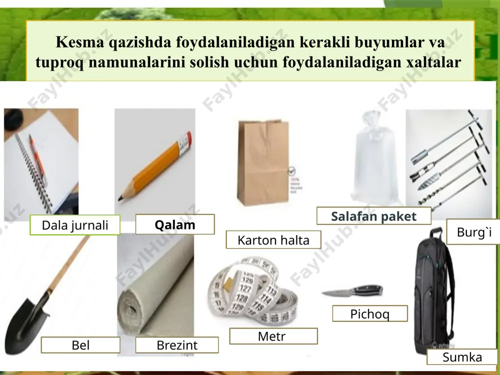 oblarining siniqlari (sopol, chinni, oyna va metall) arxeologik qo‘shilma deyiladi. bu qo‘shilmalarni o‘rganish tuproqning yoshini va insonlarning tuproqqa qay darajada ta’sir qilganliklarini aniqlashga imkon beradi. tuproqning mexanik tarkibi tuproqning yangi yaralmasi. tuproqning yangi yaralmasi. tuproq paydo bo‘lish jarayonida vujudga kelgan, shakli va tarkibi har xil bo‘lgan turli holatdagi birikmalar yangi yaralma deyiladi. yangi yaralma paydo bo‘lishi jihatidan kimyoviy va biologik bo‘ladi. tuproq yangi yaralmasi uning paydo bo‘lishida katta ahamiyatga ega bo‘lib, tuproqdagi jonivorlarning (umurtqali va umurtqasiz) hayot kechirishi va o‘simlik (ko‘p yillik va bir yillik) ildizlarining rivojlanishi natijasida paydo bo‘lgan qoldiqlar, shuningdek, ayrim jonivorlar organizmi orqali chiqarilgan moddalar biologik yaralma deyiladi, masalan: kaprolitlar-chuvalchang chiqindilari. etiboringiz uchun raxmat image1.png image2.png image3.png image4.png image5.png image6.png image7.png image8.png image9.png image10.png image11.png image12.png image13.png image14.png image15.png image16.png image17.png image18.png image19.png image20.png image21.png image22.png image23.png image24.png image25.png image26.png image27.png image28.png image29.png image30.png image31.png image32.png image33.png image34.png image35.png image36.png image37.png image38.png image39.png image40.png image41.jpeg image42.png image43.png …