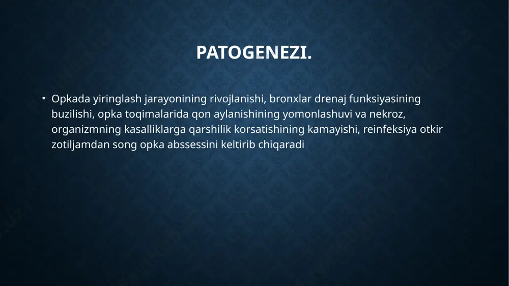 ikning boshlanishida kuzatiladi. kasal ko�proq sog� tomonida yotishga harakat qiladi. ko�krak qafasi paypaslab ko�rilganda shikastlangan tomonda og�riq va mushaklarning qattiqlash ganligi aniqlanadi. perkussiya qilib ko�rilganda o�pka pastki chetining harakati (ekskursiyasi) cheklangan bo�ladi. auskultatsiyada shikastlangan tomonda asosiy nafas shovqini sustlashadi, plevraning ishqalanish shovqini eshitiladi первая клиника марьино ekssudatli plevrit ekssudatli plevrit plevra pardalarining plevra bo�shlig�iga yallig�lanish suyuqligi (ekssudat) yig�ilishi bilan kechadigan kasallikdir. ekssudat sifatiga ko�ra seroz, fibrinoz, gemorragik (qon aralash), yiringli, xilyoz va aralash bo�lishi mumkin. klinik manzarasi. kasallik ba�zi hollarda asta-sekin, ba�zida tana haroratining to�satdan ko�tarilishi, ko�krak qafasida sanchiq, qiynaydigan yo�tal bilan birdaniga boshlanadi. bemor tekshirib ko�rilganda uning, majburiy holatda, ba�zan kasallangan yonboshida yotganligi, unga havo yetishmayotganligi, ko�karganligi, ko�krak qafasining kasallangan tomonini nafas olishda sust qatnashayotganligini kuzatish mumkin. ko�krak qafasi paypaslab ko�rilganda kuchsizroq kasallangan tomonda tovush titrashini sezish, perkussiya qilib ko�rilganda esa shu tomonda perkutor tovushning bo�g�iqlashganligini aniqlash mumkin. медицинский центр во владикавказе davolash. ekssudatli plevrit asosiy kasallikka qarab davolanadi. …