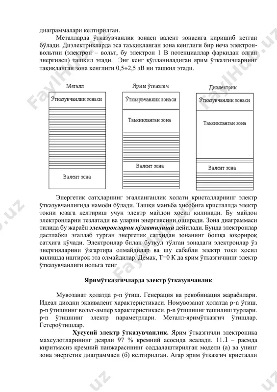 яли у ёки бу энергетик сатҳларни эгаллайдилар. мувозанат ҳолатда (t=const) ўтказувчанлик электронлари ва ковакларининг ўзгармас концентрациялари юзага келади. 10.2-расмда металл, яримўтказгич ва диэлектрикнинг т= 0 кдаги зона диаграммалари келтирилган. металларда ўтказувчанлик зонаси валент зонасига киришиб кетган бўлади. диэлектрикларда эса таъқиқланган зона кенглиги бир неча электрон- вольтни (электрон – вольт, бу электрон 1 в потенциаллар фарқидан олган энергияси) ташкил этади. энг кенг қўлланиладиган ярим ўтказгичларнинг тақиқланган зона кенглиги 0,52,5 эв ни ташкил этади. энергетик сатҳларнинг эгалланганлик холати кристалларнинг электр ўтказувчанлигида намоён бўлади. ташқи манъба ҳисобига кристаллда электр токни юзага келтириш учун электр майдон ҳосил қилинади. бу майдон электронларни тезлатади ва уларни энергиясини оширади. зона диаграммаси тилида бу жараён электронларни қўзғатилиши дейилади. бунда электронлар дастлабки эгаллаб турган энергетик сатҳидан зонанинг бошқа юқорироқ сатҳига кўчади. электронлар билан буткул тўлган зонадаги электронлар ўз энергияларини ўзгартира олмайдилар ва шу сабабли электр токи ҳосил қилишда иштирок эта олмайдилар. демак, т=0 к да ярим ўтказгичнинг электр ўтказувчанлиги …