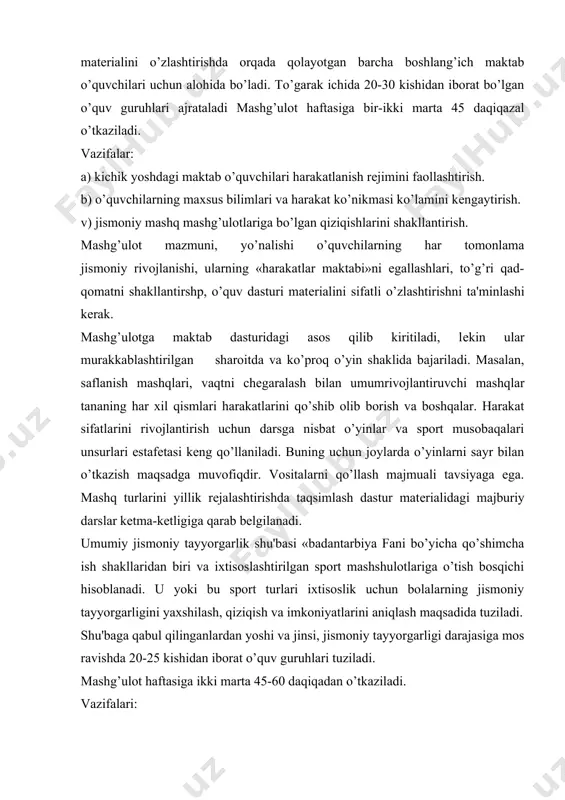 lash maqsadida tuziladi. shu'baga qabul qilinganlardan yoshi va jinsi, jismoniy tayyorgarligi darajasiga mos ravishda 20-25 kishidan iborat o’quv guruhlari tuziladi. mashg’ulot haftasiga ikki marta 45-60 daqiqadan o’tkaziladi. vazifalari: a) imkoni boricha ko’proq o’quvchilarni tashqillashtirilgan jismoniy mashq mashg’ulotlariga jalb qilish va sport ixtisosligini tanlashga ta'sir ko’rsatish: b) o’quvchilarning jismoniy tayyorgarliklarini yaxshilash va shu asosda o’quv dasturi talablarini muvaffaqiyatli bajarishga yordamlashish. o’zbеkiston rеspublikasi prеzidеnti va vazirlar makamasining «o’zbеkiston rеspublikasida jismoniy tarbiya va sportni yanada rivojlantirish chora-tadbirlari to’g’risidagi qaroriga binoan «alpomish» vabarchinoy maxsus tеstlari 2000 yildan boshlab joriy qilindi. «alpomish» vabarchinoy maxsus tеstlari o’zbеkiston aholisi jismoniy tarbiya tizimining dasturiy va mе'yoriy asosidir. nazorat mе'yorlari aholining o’qishga, mеhnat faoliyatiga va harbiy xizmatga bo’lgan jismoniy tayyorgarligining umumiy darajasi aniqlanadi. tеstlar salomatlikni mustahkamlash, ijodiy va mеhnat faolligining oshishiga yordam bеradi. «alpomish» maxsus tеstlari erkaklar, «barchinoy maxsus tеstlari esa xotin-kizdar uchun mo’ljallangan. tеstlar sog’lom turmush tarzini targ’ib qilish, aholini jismoniy tarbiya va sport mashg’ulotlariga jalb etish, sog’ligini …