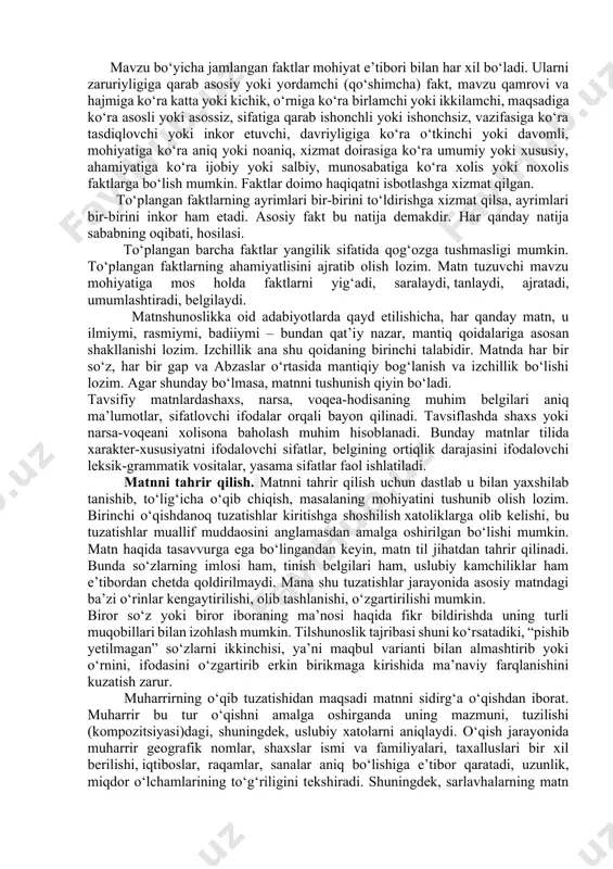 a, narsa yoki shaxs tasviri, tavsifi yoxud xabar, ma’lumot bayonidir. maqola, insho ham tavsifiy matnning bir turi sanaladi.ma’lum voqea-hodisalarga, narsa va shaxslarga oid fikr-mulohaza bildirish, ularni badiiy-tasviriy vositalar yoki dalillar bilan ta’riflash, izohlash, isbotlash, asoslash tavsifiy matnga xos xususiyatlardandir. tavsifiy matnda belgi-xususiyat ifodalovchi so‘zlar, atamalar, modal so‘zlar, fe’lning funksional shakllari, ravishlar faol qo‘llanadi. tavsifiy matn yaratishda uyushiq bo‘laklar, ajratilgan gap bo‘laklari, atov gaplar, sodda gaplar, qo‘shma gap ko‘rinishlaridan ham keng foydalaniladi. akademik matnlar yaratishning o‘ziga xos xususiyatlari. matn tilini ilmiy o‘rganishda undagi tovush (harf) va mazmun munosabatiga alohida e’tibor qaratish kerak. tilda eng yirik birlik gap bo‘lsa, matnda u eng kichik birlik bo‘lib qoladi. matn tilshunosligi ilmiy jihatdan boshqa tilshunoslik sohalaridan farq qiladi. tilshunoslik, umuman, tilda fonema (tovush), morfema (eng kichik ma’nodor birlik), so‘z (tilning asosiy markaziy birligi), so‘z birikmasi va gapni birliklar sifatida ajratib, ularni fonologiya, morfologiya, leksika, sintaksis va stilistika kabi til bosqichlarida o‘rganadi. an’anaviy tilshunoslik va matn …