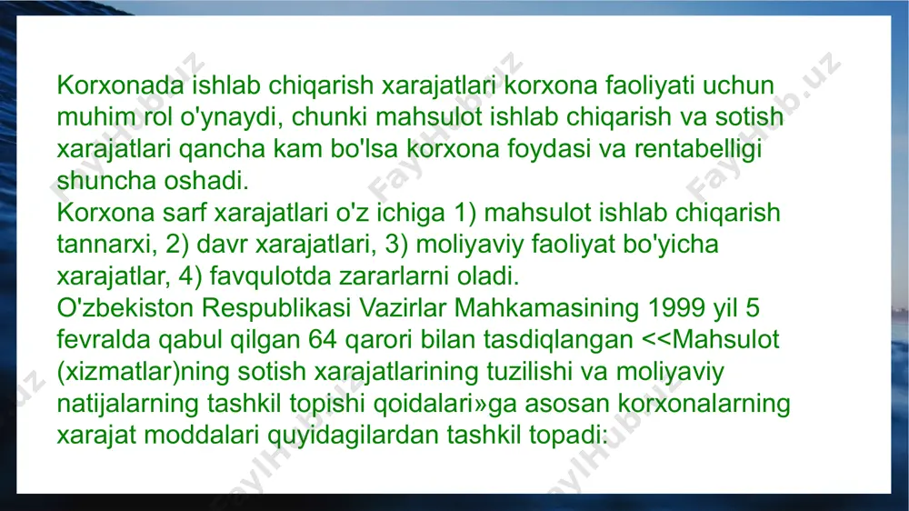 aradorligiga erishishga qaratilgandir. tannarx rejasi quyidagi bo'limlarni o'z ichiga oladi: 1. mahsulot tannarxini pasaytirish rejasi; 2. mahsulot tannarxini kalkulyasiya etish; 3. ishlab chiqarish xarajatlari smetasi; • 4. tovar va sotiladigan mahsulot tannarxining hisobi. tannarx rejasi, ikki bosqichda ishlab chiqiladi. birinchi bosqichda, eng avvalo, hisobot yilida rejalarning bajaralishi tahlil etiladi, mahsulot tannarxini pasaytirish, foyda va rentabellikni oshirish rezervlari aniqlanadi va aniqlangan rezervlardan foydalanish tadbirlari belgilanadi, reja loyihasi ishlab chiqiladi. ikkinchi bosqichda esa rejaning uzil-kesil loyihasi ishlab chiqiladi va bu reja topshiriqlari korxona bo'limlariga etkaziladi. narx bilan iste'molchilar o'rtasida juda chambarchas aloqadorlik mavjudki, uni iqtisodiy tamoyillar: talab qonuni, talabning narx ravonligi, bozor segmentasiyasi bilan izohlash mumkin. talab qonuni iste'molchilar odatda qimmat narxlarga qaraganda arzon narxlarda ko'proq tovarlar sotib olishini ifodalaydi. ammo har qanday tovar ham <<narx-miqdor» aloqadorligiga to'g'ri kelavermaydi. ayrim mahsulotlarga talab shundayki, muayyan sharoitlarda yuqoriroq narxlar ko'proq tovar aylanmasi hajmini ta'minlaydi. bunday tovarlar bozorning ayrim segmentlariga mo'ljallangan - bular qimmatbaho avtomobillar, …