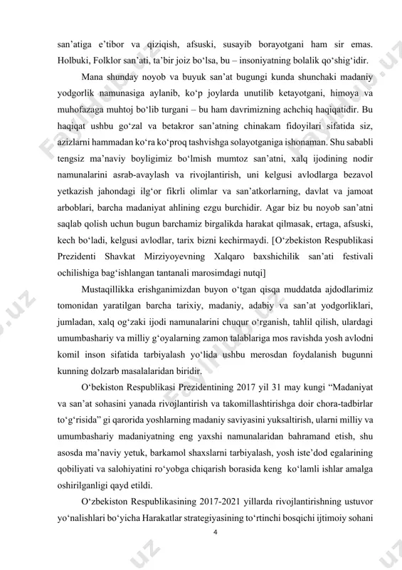 agina emas, balki uning o‘zida ham mavjud ekanligi to‘g‘risida tasavvur yuzaga keladi. musiqa o‘z-o‘zini tarbiyalashning qudratli kuchidir.shunday ekan, yoshlarning har tomonlama shakllanishida estetik tarbiyaning o‘rni beqiyosdir. yosh avlodni estetik ruhda tarbiyalashga tayyorlash hozirgi davr talabi va bunda ma’lum muammolar borligi shubhasizdir. ayniqsa, bu davrda o‘lmas merosimiz ustozdan shogirdga o‘tib kelgan xalq an’anaviy ijrochilik maktabi asosiy manba sanaladi. barkomol avlod tarbiyasida xalq og‘zaki ijodining bebaho boyligi musiqa merosimiz o‘zining boy tarixiga ega bo‘lib davr o‘tgani sari uni o‘rganishga extiyoj tobora ortib bormoqda. bizga ma’lumki milliy istiqlol mafkurasini xalqimiz qalbi va ongiga singdirishda musiqiy merosimizni o‘rganish milliy qadriyatlarimizni mustahkamlash va rivojlantirishning o‘rni katta. mustaqil o‘zbekiston o‘ziga xos va o‘ziga mos istiqlol va taraqqiyot yo‘lidan borayotgan hozirgi davrda totalitar tuzumdan meros bo‘lib qolgan ma’naviy inqirozga xotima berish, kishilarning ongi va dunyoqarashida yangicha tafakkur madaniyati shaklllantirish kechiktirib bo‘lmaydigan ijtimoiy vazifadir. tarix tajribasi shuni ko‘rsatadiki, o‘zi mansub bo‘lgan xalq tarixini, uning madaniyati, an’analari, urf-odatlari, tafakkur …