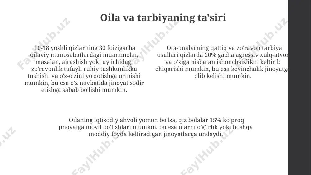r (15 yoshdan past ta’lim olganlarning ulushi 30% dan ortiq) jinoyatchilikka ko‘proq moyil bo‘lishadi, chunki ularga ish topish va ijtimoiy jihatdan o‘zlarini ta’minlash qiyinroq. ijtimoiy-iqtisodiy tengsizlik, masalan, kambag‘allik darajasining 20% dan yuqori bo‘lishi, ayollar orasida jinoyatchilikning oshishiga olib kelishi mumkin, chunki bu ularni qonunga xilof yo‘llar bilan pul topishga majbur qilishi mumkin. oilaviy zo‘ravonlik va uy sharoitidagi zo‘ravonlikning yuqori ko‘rsatkichlari (50% dan ortiq ayollar uy sharoitidagi zo‘ravonlikka duch kelishadi) ayollarning ruhiy holatini buzadi va ularni qonunbuzarlikka olib kelishi mumkin. xalqaro tajriba ko'plab rivojlangan davlatlarda ayollar jinoyatchiligining oldini olishda profilaktik dasturlar, xususan, 30% gacha samara bergan “ayollarni qo'llab-quvvatlash markazlari” tashkil etish amaliyoti mavjud. ayollarning jinoyatchilikka jalb etilishiga yo'l qo'ymaslik bo'yicha samarali strategiyalarni ishlab chiqishda 80%dan ortiq holatlarda oilaviy zo'ravonlikning profilaktikasi muhim ahamiyatga ega. jahon tajribasida ayollar jinoyatchiligining 15-25% iqtisodiy omillar bilan bog'liqligi aniqlangan bo'lib, bu kambag'allik va ishsizlikning yuqori darajasini ko'rsatadi. jamoatchilik nazorati mahallalardagi 20% jinoyatchilik holatlarining oldini olishda jamoatchilik nazorati …