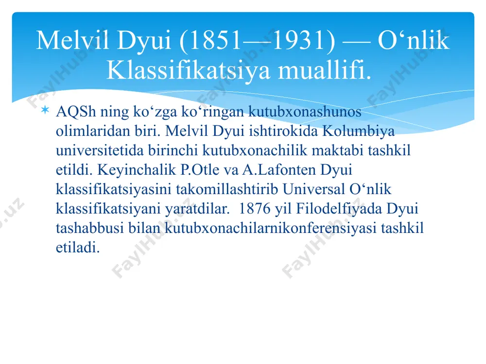 031) ensiklopediya 622 (031) tog‘ ishlsri bo‘yicha ensiklopediya umumiy aniqlagichlar qavsda yoziladi. aniqlagichlar yordamida turli xil hujjatlarni, adabiy yoki grafik materiallarini, vaqtli va davomli nashrlarni gruppalash mumkin. forma aniqlagichlari 512 (075) ingliz tilidan o‘quv qo‘llanma 52 (091) institut astronomiyasi 53 (063) fizikadan s’ezd materiallari 54 (054) ximiyadan jurnal maqolalari 54 (05) ximiya jurnali = 20 ingliz tili = 30 nemis tili 58 botanika 58=20 ingliz tilida botanika 58 (031) botanikadan spravochnik 58(031)=20 ingliz tilida botanika spravochnigi =00 bir necha tillarda belgisini anglatadi 53 (031)=00=20=30 fizikadan spravochnik ingliz va nemis tillarida =82 rus tilidagi materiallar =089.2 esperanto til aniqlagichi belgi « = » (tenglik) talaffuzi tenglik (03) ensiklopediyalar (04) broshyura, disk (05) jurnal, gazeta, kalendar (07) matematika dlya prepodavaniya uchebno‘x posobiy (084) grafik va tasviriy san’at materiallari forma shakl aniqlagichi belgisi (0) (100) dunyo (4/9) dunyo mamlakatlari (4) yevropa (5) osiyo (6) afrika (9) avtraliya, okeaniya 621.311(410) buyuk britaniya elektrostantsiyalari 382(44:100) …