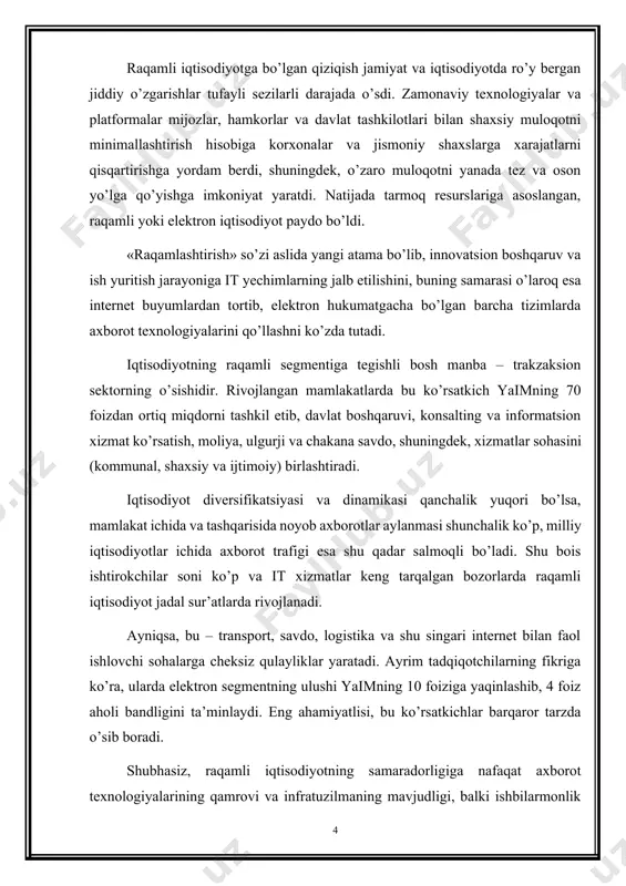 ida «aqlli» va ekologik uylarni barpo etishga oid g’oyalarni amalga oshirish; · autsorsing, o’zini band etish va boshqalar orqali bandlikning muqobil shakllarini keng targ’ib qilish; · muayyan vazifalarni bajarish uchun ishchi-frilanserlarni izlashga xizmat qiladigan professional tarmoqlarni yaratish. yuqoridagilar barchasi biznesga ishlab chiqarish va boshqaruvda tovar va elektron xizmatlar integratsiyalanadigan zamonaviy platformalar yordamida xarajatlarni qisqartirishga imkoniyat beradi. birinchi galda bu masala xizmatlar buyurtmasi integratsiyasi, resurslardan birgalikda foydalanish, kontragentlarni tanlash, elektron savdoni yuritish, to’lovlar va boshqalarga tegishlidir. texnologik raqamli muhit – bu yuridik va jismoniy shaxslar hamkorlikdagi faoliyat uchun butunlay yangi muloqotni yo’lga qo’yadigan «akvarium» hisoblanadi. axborot texnologiyalari korxonalarga butunlay yangi, yanada jadal ish sur’atlarini o’zlashtirish hamda xizmat va mahsulotlar shaklini xilma-xillashtirishga imkoniyat yaratadi. bundan tashqari, tadqiqotchilar qisqa saqlanadigan mahsulotlarning bozorga chiqarilishi haqida ham gapirishmoqda. xizmat ko’rsatish sohasi haqida gapiradigan bo’lsak, axborot texnologiyalari ko’plab kundalik vazifalarni hal qiladi, buning natijasida esa yirik ko’lamdagi amallar tezroq, arzonroq, qulayroq va o’rtadagi vositachilarsiz bajariladi. elektron …