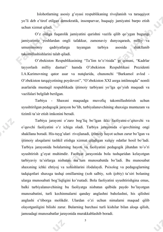 nining manbaini yaxshi bilish va hisobga olish muhimdir. bir so’z bilan aytganda tarbiya jarayoni-har bir insonning hayotda yashashi (umumiy faoliyat, ta’lim, tarbiya) jarayonida orttirgan saboqlari va intellektual salohiyatlarining ijobiy ko’nikmasini o’zida shakllantirish va o’zgalarga berish jarayonidir. tarbiya jarayonida ichki va tashqi qarama-qarshiliklar mavjud bo’lib, u bevosita tarbiyalanganlik darajasiga bog’liq bo’ladi. tarbiyada o’quvchilarning tarbiyalanganlik darajasini ham hisobga olish kerak bo’ladi. bu jihat unutilsa, qarama-qarshiliklar kuchayadi. tarbiyalanganlik-milliy urf-odatlarimiz, qadriyatlarimizga e’tiqod bilan rioya qiladigan, noqonuniy ishlardan o’zini tiya oladigan, o’z hatti-harakatlari bilan o’zgalar nafratini qo’zg’amaydigan xulq- atvordir. faoliyat jarayonida hosil bo’lgan malaka va odatlar axloq me’yorlariga rioya qilishni engillashtiradi. demak, tarbiyachi bola shaxsining tez rivojlanadigan davri o’quvchilik yillarida uning ongiga turli-tuman faoliyat (o’qish, mehnat, o’yin, sport, badiiy havaskorlik) yordami bilan maxsus ta’sir etish mumkindir. tarbiya yaxlit jarayonda amalga oshiriladi, uning tarkibiy qismlari ham ayni bir vaqtda, faoliyatning biror turi asosida amalga oshiriladi. umumiy pedagogik jarayonda tarbiya muhim o’rin tutadi. shaxsni shakllantirish boshqaruv, nazorat …