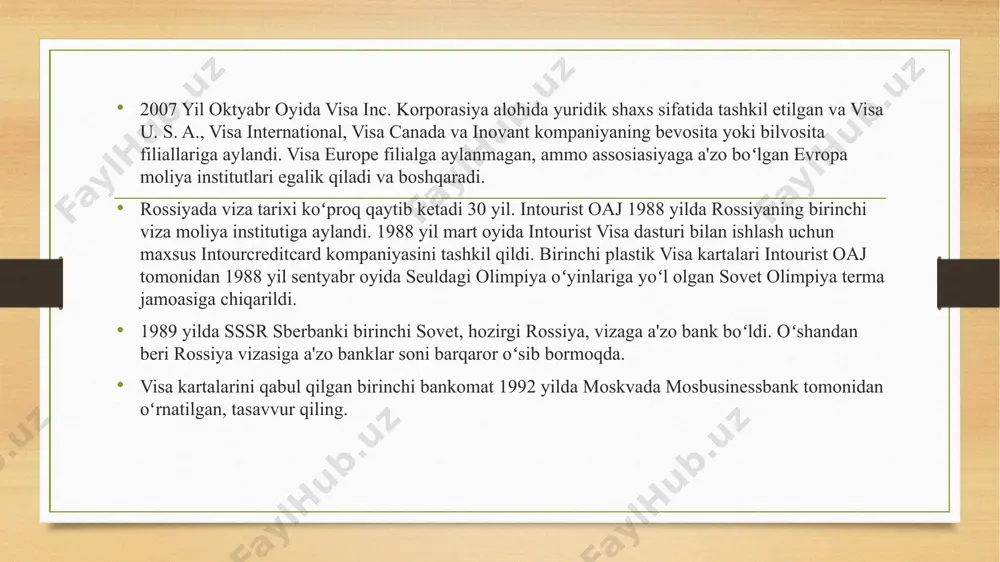 gashi: turli direktorlar va boshqaruv a'zolari 4. innovatsiya va texnologiyalar: turli bo'limlar va komandalar 5. xavfsizlik: xavfsizlik bo'limi va maxfiyati 6. mijozlarning ko‘rsatilishi: xizmat ko‘rsatish bo'limi 4. visa kompaniyasining xalqaro savdodagi o’rni. 1. xalqaro miqyosda to'lov tizimlari: visa kartalari dunyo bo'ylab ko'p mamlakatlarda qabul qilinadi va xalqaro savdoda keng qamrovga ega. 2. ko'p xizmat ko'rsatish: visa kompaniyasi xalqaro miqyosda ko'p xizmatlarni taklif qiladi, shuningdek, onlayn to'lov va elektron kommersiya bo'yicha yordam beradi. 3. innovatsiyalar va yangiliklar: visa kompaniyasi katta e'tibor beradi va yangi texnologiyalarni va innovatsiyalarni joriy qilishda o'zini o'rnatingan. 4. xavfsizlik: visa kompaniyasi xavfsizlikni muhim qiladi va xalqaro miqyosda xavfsizlik standartlarini ta'minlash uchun harakat qiladi. 5. ko'p tarmoq operatorlari bilan hamkorlik: visa, ko'p tarmoq operatorlari bilan hamkorlik qiladi va ularga to'lov xizmatlarini taqdim etishda ishtirok etadi. 6. elektron tijorat va onlayn savdo: visa kartalari onlayn savdo va elektron tijoratda ommalashtiriladi va odamlarga onlayn to'lov imkoniyatlarini beradi. 7. ko'p sohalarda …