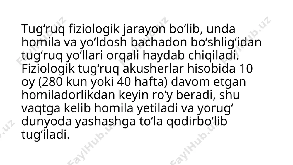 llarining muntazam qisqarishlari (dard tutishi) tug‘ruq boshlanganligini bildiradi. tug‘ruq boshlanganda har 10–15 daqiqada dard tutib turadi, keyinchalik esa tobora tez-tez va qattiq dard tutadi. tug‘ruq faoliyati boshlanganini bildiruvchi ikkinchi belgi — bachadon bo‘ynining sekin-asta tekislanishidir. ayolni dard tuta boshlaganidan tortib to tug‘ruq tamom bo‘lguncha tug‘uvchi ayol deb aytiladi. tug‘ruqning haydovchi kuchlari (dard va to‘lg‘oq tutishi) tug‘ruqning haydovchi kuchlariga: 1) bachadon muskullarining muntazam takrorlanuvchi qisqarishlari — dard tutishi, 2) dard tutishiga qo‘shiladigan qorin pressining ritm bilan qisqarishi (to‘lg‘oq) kiradi. dard tutishi. bachadonning qisqarishlari (dard tutishi) tug‘ruqning asosiy haydovchi kuchi hisoblanadi. dard tutishi tufayli bachadon bo‘yni ochiladi (bachadon bo‘ynini ochuvchi dard tutishi), shu tariqa, homila va yo‘ldoshning bacha- don bo‘shlig‘idan itarilib chiqishiga yo‘l ochiladi. dard tutishi natijasida homila bachadondan haydalib chiqadi (haydovchi dard). bachadon bo‘yni ochilgach, dard tutishiga to‘lg‘oq tutishi ham qo‘shiladi. homilaning haydalib chiqish jarayoni tug‘ruqning ikkala kuchi (dard va to‘lg‘oq) bir vaqtda ta’sir etganligi natijasidir. dard tutganda platsenta bachadon devorlaridan …
