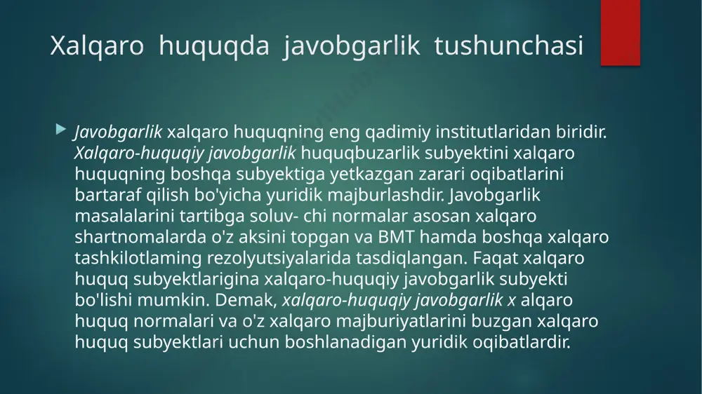 d), atrof-muhit- ni muhofaza qilish (okean yoki atmosferaning keng ko'lamda iflosla- nishi) borasidagi muhim majburiyatlarning jiddiy ravishda buzilishidir. xalqaro jinoyat sodir etilgan hollarda javobgarlikning universal hu­quqiy munosabatlari yuzaga keladi va unga ko'ra, huquqbuzar nafaqat jabrlanuvchi oldida, balki xalqaro hamjamiyat oldida ham yalpi javobgar bo'ladi. bu o'rinda universal majburiyatlar, erga omnes majburiyatlarining buzilishi haqida gap bormoqda. bunday hollarda xalqaro hu­quqning har bir subyekti huquqbuzardan o'z jinoiy harakatlarini to'xtatishni va ularning oqibatlarni bartaraf etishni talab qilish huquqi­ga egadir. xalqaro jinoyatlar toifasiga kirmaydigan huquqbuzarliklar xalqaro deliktlar hisoblanadi. delikt natijasida yuzaga keladigan javobgarlik ikki tomonlama huquqbuzarlik mazmuniga ega bo'lib, unga ko'ra, qoidabuzar faqat jabrlanuvchi oldida javobgardir. dav­lat quyidagilarning harakatlari uchun to'liq javobgar hisoblanadi: o’z organlarining; o’z mansabdor shaxslarining; o’z yurisdiksiyasida bo'lgan jismoniy va yuridik shaxslarning; uning hududida boshqa davlat amalga oshirgan va uchinchi davlatning huquq va manfaatlariga qarshi qaratilgan xatti-hara- katlar. bunday vaziyat, masalan, ijaraga olingan hududdagi harbiy ba- zadan uchinchi davlatga qarshi agressiya …