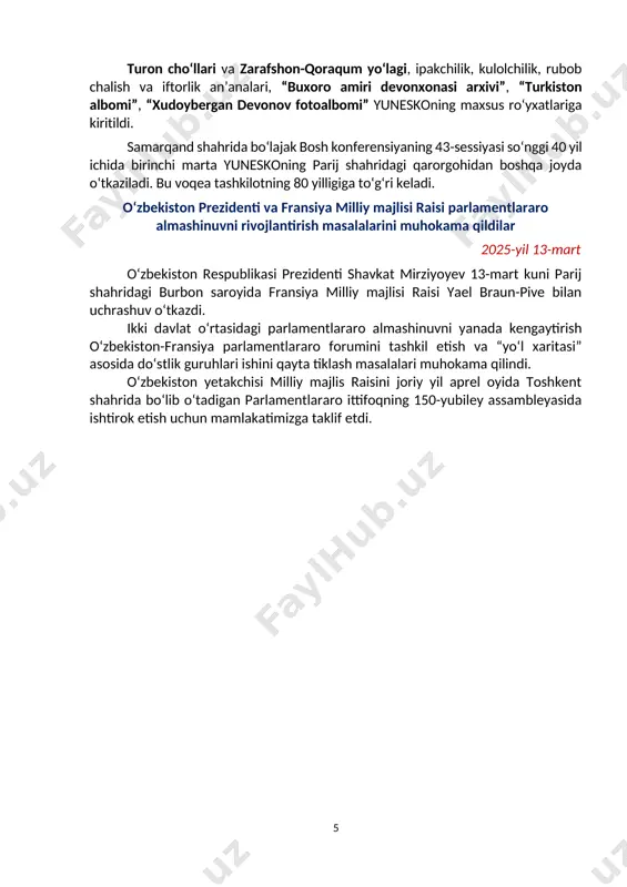 ik qiladi. birinchi uchrashuvni iyun oyida toshkent xalqaro investitsiya forumi doirasida o‘tkazishimiz mumkin. barchangizni tashkil etilayotgan kengashning to‘la huquqli a’zosi sifatida bo‘lajak tadbirda faol ishtirok etishga taklif etaman”, – dedi davlatimiz rahbari. tashrif doirasida parij shahrida o‘zbekiston respublikasi prezidenti shavkat mirziyoyevni fransiya respublikasining oliy mukofoti – faxriy legion ordeni bilan taqdirlash marosimi bo‘lib o‘tdi. yuksak mukofotni davlatimiz rahbariga fransiya prezidenti emmanuel makron tantanali ravishda topshirdi. o‘zbekiston prezidenti ikki mamlakat hamkorligini rivojlantirish, xalqlarimiz o‘rtasidagi do‘stlik va o‘zaro anglashuvni mustahkamlashga qo‘shgan ulkan hissasi uchun ushbu ordenga sazovor bo‘ldi. ma’lumot uchun: faxriy legion ordeni 1802-yilda ta’sis etilgan. fransiyada ushbu orden alohida xizmatlarning davlat darajasida e’tirof etilishi va shon-sharafning eng yuqori belgisi hisoblanadi. hozirgi vaqtga qadar mazkur ordenga abdulmajid i (usmoniylar imperiyasi 31-sultoni), otto fon bismark (germaniyaning birinchi kansleri), uinston cherchill (britaniya bosh vaziri), konrad adenauer (gfrning birinchi kansleri), boris yelsin (rossiya prezidenti), vladimir putin (rossiya prezidenti), angela merkel (germaniya kansleri) kabi davlat rahbarlari, …