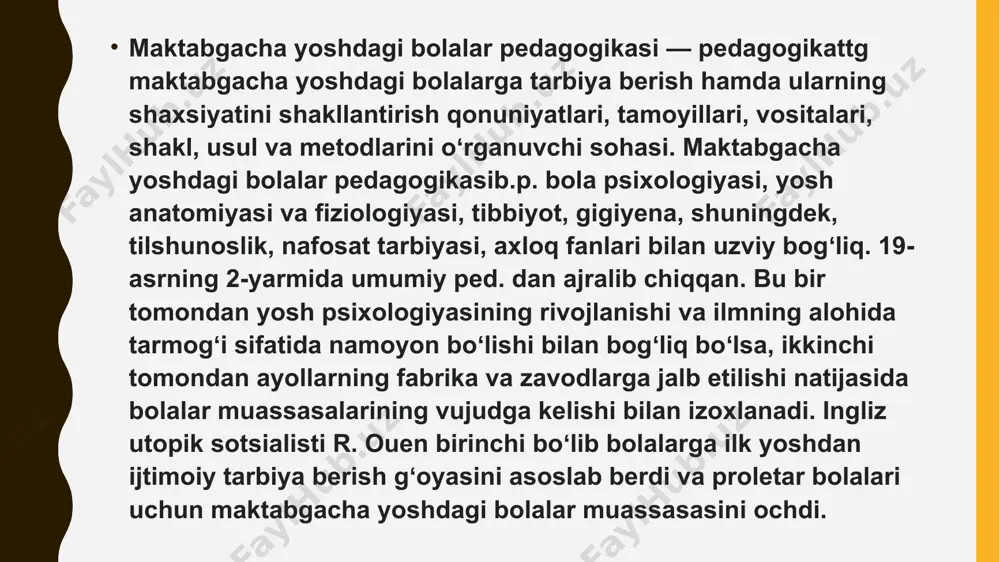 2000-yillarda oʻzbekiston ped. fanlari ilmiy tadqiqot instituti tomonidan amalga oshirilgan maktabgacha taʼlim jarayenining mazmunini yangilashga yoʻnaltirilgan bir kator tadqiqotlar, xususan, "maktabgacha yoshdagi bolalarning tayyorgarlik darajasiga qoʻyilgan davlat talablari", "uchinchi ming yillik bolasi" kabi tayanch das-turlarning yaratilishi diqqatga sazovor. ta’lim-tarbiya ishlarini takomillashtirish, uni jahon andazalari darajasiga ko‘tarish, fan sohasidagi yangiliklarni amaliy hayotga tatbiq etish muhim masalalardan biri bo‘lib qolmoqda. ayniqsa yosh avlodga ta’lim-tarbiya berish, ularda fan asoslariga nisbatan bilim, ko‘nikma, malakalarni shakllantirish davlat siyosatining ustuvor vazifalaridan hisoblanadi. psixologiya fanini o‘qitishning asosiy maqsadi o‘quvchilarni psixologiya fanining asoslari, tarixiy taraqqiyoti, hozirgi zamon psixologlarining ilmiy yondashishlari bilan, shuningdek, turli yoshdagi insonlarda o‘qish jarayonida shaxs fazilatlarini shakllantirish qonuniyatlari va kasbiy malakalarni egallash xususiyatlari bilan tanishtirishdir. hozirgi zamon tarbiyachisi ijtimoiy-kasbiy vazifalarini bajarish uchun yuksak ma’naviy xislatlarga ega bo‘lishi, umumiy va kasb madaniyati, ziyoliligi, axloqiy pokligi, faolligi, shaxsiy hissiyotlarga berilmasligi, ijodiy tasavvur egasi, psixik jihatdan sog‘lom, davlatimiz fuqarosi sifatida mas’uliyatni his eta bilishi lozim. . tarbiyachilik kasbiga …