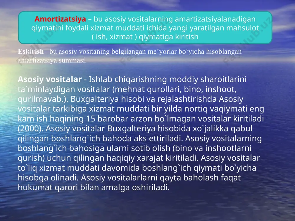 lashi mumkin. likvidatsion qiymatni ko‘zda tutish majburiy hisoblanmaydi. shuning uchun bu qiymat bo‘lmasligi ham mumkin. bunday holda asosiy vositaning amortizatsiyalanadigan qiymati bevosita uning boshlang‘ich qiymatidan iborat bo‘ladi. bir maromda hisoblash; bajarilgan ish hajmiga proporsional hisoblash; xizmat yillari yig‘indisiga proporsional hisoblash (kumulyativ usul); kamayib boruvchi qoldiq qiymatdan hisoblash. «asosiy vositalar» ga muvofiq (p.23,24) jamlangan amortizatsiya (eskirish) ni hisoblash qo‘yidagi usullar bo‘yicha amalga oshirilishi mumkin: hisob siyosatida amortizatsiya (eskirish) ni hisoblashning u yoki bu usulini doimiy tarzda tanlab olish yoki har to‘rtta usulni bir vaqtning o‘zida u yoki bu asosiy vositalar bo‘yicha belgilab olish mumkin. shuni ta’kidlash joizki, ushbu usullarni qo‘llashda amortizatsiya (eskirish) summasi turlicha bo‘lishi va u soliq kodeksida ko‘zda tutilgan bir maromda hisoblab chiqildan miqdordan kam yoki ko‘p bo‘lishi mumkin. shuning hisob siyosatida kam yoki ko‘p hisoblangan amortizatsiya (eskirish) summasini soliqga tortish jihatlari ham aniq belgilab olingan bo‘lishi lozim. amortizatsiya (eskirish) ni hisoblash usullarining moxiyatini, ularning solik solish bazasiga ta’sirini …