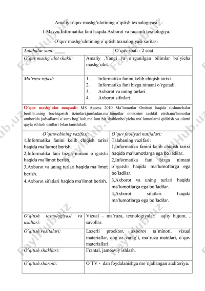 amaliy o`quv mashg’ulotining o`qitish texnalogiyasi;axborot va raqamli texnalogiya — DOCX