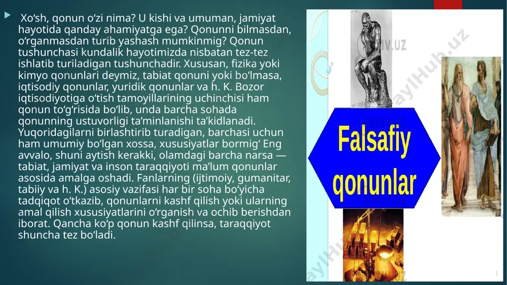 iya» (konflikt — ziddiyat, logos- ta’limot) deb ataladigan falsafiy yo‘nalish paydo bo‘lishiga olib kelgan. bu soha bilan shug‘ullanadigan olim va mutaxassislar konfliktologlar deb ataladi. ular konfliktlarni keltirib chiqarish emas, balki ularning oldini olish va jamiyat uchun foydali tarzda hal qilish yo‘llari va usullari ustida bosh qotirishadi.har bir ziddiyatning aniqlanishi, hal qilinishi o‘zgarishga, yangilanishga, bir sifatdan ikkinchi sifatga, eskidan yangiga o‘tishga sabab bo‘ladi miqdor va sifat o’zgarishlarining bir-biriga o’tish qonuni. miqdor va sifat birlikda, bo’lib, bir-biriga o’tib turadi. miqdor sifatga va aksincha, ma’lum sharoitda sifat mikdorga o’tadi. narsa va xodisalarning sifati ob’ektiv bo’lsa-da, nisbiydir, chunki ular o’rtasidagi chegara o’zgaruvchan bo’lib, ularni mutloqlashtirish mumkin emas. xuddi shuningdek, narsalarni miqdoriy muayyanligi xam o’zgaruvchandir. modomiki, ob’ektiv olam doimiy xarakatda, o’zgarish va rivojlanishda ekan, narsalarning miqdoriy va sifatiy muayyanligi, ularning xossalari xam o’zgarish va rivojlanishdadir. miqdor va sifat o’zgarishlarining aniq xolatini bilish fan va ijtimoiy amaliyot uchun muxim axamiyatga ega. bunda vorislik – eskining inkori …