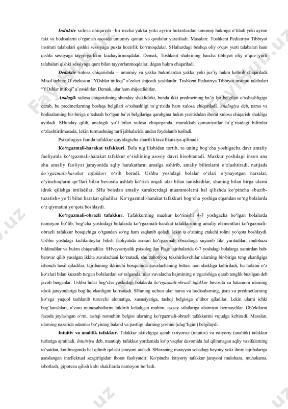 iqarish bosqichlarida ifodalanadi 7.4 - chizma 1. kognitiv dissonans. insonni yangi bilimlarni izlashga, muammolarni echimini topishga chorlovchi hayajonlanish, ajablanish, qiziqish, hayratlanish, lol qolish, shubhalanish kabi intellektual hislarning paydo bo‘lishi. 2. tushunchalar. inson voqelikni bilish jarayonida narsalarni bir-biri bilan taqqoslaydi, ularning o‘xshashligi va farqini aniqlaydi: analiz va sintez yo‘li bilan narsa va hodisalarning mohiyatini ochadi, fikran ularning belgilarini ajratadi, bu belgilarni abstraksiyalashtiradi va umumlashtiradi. natijada odam voqelikdagi narsa va hodisalar to‘g‘risida tushuncha hosil qiladi. tushunchalar mohiyati hukmlarda yoritiladi, mavjud hukmlar asosida xulosa chiqariladi, yangi hukm hosil qilinadi, topilgan yangi belgilar, alomatlar tushunchalarni yanada boyitadi. 3. hukmlar. narsa va hodisalarning belgi va xususiyatlari haqida tasdiqlab yoki inkor qilib aytilgan fikr hukm deb ataladi. moddiy olamda haqiqatdan bog‘liq bo‘lmagan narsa hukmda bog‘liq qilib ko‘rsatilsa, bunday hukm xato (yolg‘on) hukm deb ataladi. chunki bu hukmda aks ettirilgan sifatlar (belgi va alomatlar) bu narsalarga aslo muvofiq kelmaydi. masalan, “atom – moddaning bo‘linmas zarrachasidir” degan noto‘g‘ri …