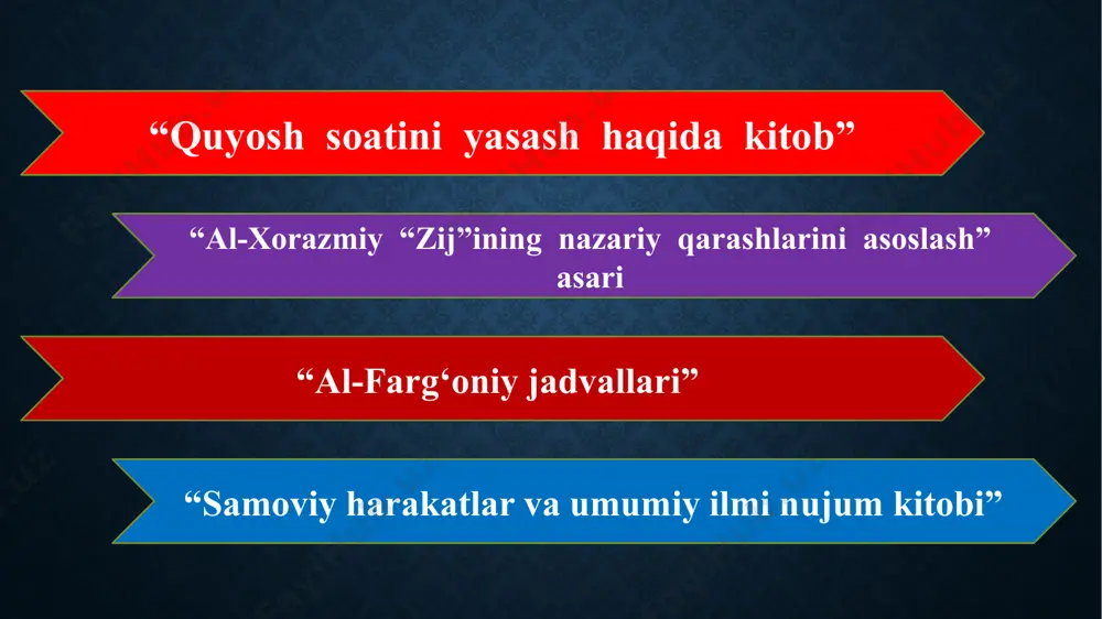 ko ishlari bo‘yicha milliy komissiya, farg‘ona viloyati hokimligi birgalikda 1998-yilning oktyabr oyida “ahmad al-farg‘oniy ilmiy merosining jahon fani taraqqiyotida tutgan o‘rni” mavzuida xalqaro konferensiya va tantanali bayram tadbirlarini tayyorlasinlar va o‘tkazsinlar. 3. ahmad al-farg‘oniy tavalludining 1200 yilligi munosabati bilan farg‘ona viloyatida quriladigan va ta’mirlanadigan inshootlar ro‘yxati 2-ilovaga muvofiq tasdiqlansin. 4. o‘zbekiston respublikasi fanlar akademiyasi hamda fan va texnika davlat qo‘mitasi ahmad al-farg‘oniyning xorijiy davlatlardagi kutubxonalarda va fuqarolarda saqlanayotgan merosini aniqlash va to‘plash uchun 1997-yildan boshlab maxsus arxeografik ekspeditsiyalar tashkil qilsin. 5. o‘zbekiston respublikasi oliy va o‘rta maxsus ta’lim vazirligi, xalq ta’limi vazirligi, o‘quv yurtlariga ega bo‘lgan vazirliklar va idoralar 1997-1998-yillarda o‘z tasarruflaridagi barcha turdagi ta’lim muassasalarida ahmad al-farg‘oniy o‘quvlarini tashkil etsinlar. 6. o‘zbekiston respublikasi fanlar akademiyasi va davlat matbuot qo‘mitasi 1997—1999-yillarda ahmad al-farg‘oniy asarlari va uning hayoti va ijodiga oid nashrlarni o‘zbek, arab, rus, ingliz va fransuz tillarida chop etishni ta’minlasinlar. 7. o‘zbekiston respublikasi fanlar akademiyasi, madaniyat ishlari vazirligi, davlat …