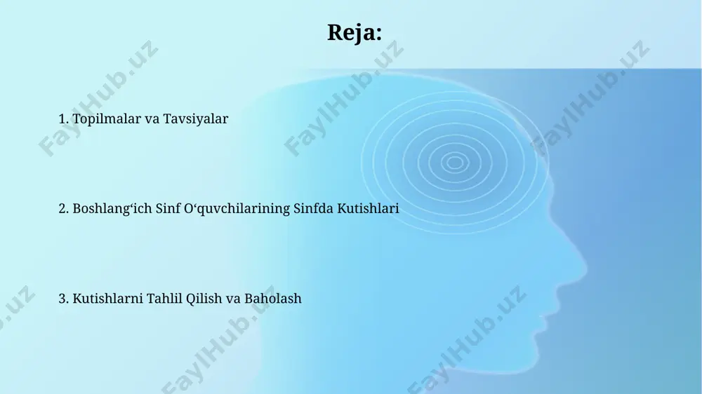 koʻrib chiqishni taklif qilamiz. sinfdagi oʻquv muhiti o'quvchilarning 70%i dars davomida faol ishtirok etgan bo'lsalar-da, qolgan 30%i, ayniqsa, samarqanddan kelgan 2 nafar o'quvchi, diqqatni jamlashda qiyinchiliklarga duch kelishgan. sinfdagi o'quv muhiti 20 nafar 1-sinf o'quvchisi joylashgan toshkentdagi maktabda, 3 ta o'quv markazi bilan jihozlangan bo'lib, ularning har biri turli o'quv materiallari va texnologiyalar bilan ta'minlangan. boshlangʻich sinf oʻquvchilarini kuzatish maqsadi boshlangʻich sinf oʻquvchilarining oʻquv faoliyatini baholash, masalan, 1-sinf oʻquvchilarining samarqanddagi maktabda oʻqish jarayonida koʻrsatgan 5 ta asosiy koʻnikmalarini aniqlash maqsadida kuzatish oʻtkazildi. oʻquv jarayonini yaxshilash maqsadida, 3-sinf oʻquvchilarining fargʻona viloyatidagi maktablardagi 10 ta turli oʻquv usullariga boʻlgan reaksiyalarini kuzatish orqali eng samarali usullar aniqlanadi. ma'lumotlarni yigʻish va tahlil qilish namangan shahridagi bir maktabda 3 hafta davomida oʻtkazilgan sinfi ichidagi oʻzaro muloqotlarni yozib olish orqali oʻquvchilarning til rivojlanishi va hamkorlik qobilyatlarini oʻrganishda 15 ta turli xulq-atvor namunalari aniqlandi. fargʻona viloyatidagi 10 ta maktabda oʻtkazilgan soʻrovnomalar va kuzatishlar natijasida oʻquvchilarning 70%i interaktiv …