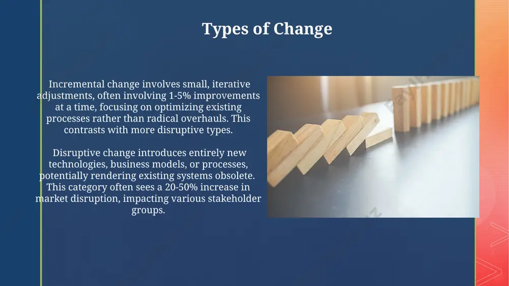 egic foresight; despite holding 85% of the film market, they missed the market shift and filed for bankruptcy, highlighting the importance of timely change management. leading change studies show that only about 30% of organizational change programs achieve their stated goals; effectively communicating the vision and demonstrating early wins are pivotal to improving success rates. kotter's 8-step change model emphasizes the crucial role of creating a sense of urgency and building a guiding coalition – a powerful team of influential individuals – to navigate organizational change effectively. future of change future change will be increasingly characterized by unpredictable "black swan" events, potentially impacting 30-40% of global supply chains within the next decade, highlighting the need for resilient and agile systems. exponential growth in data volume (predicted to reach 175 zettabytes by 2025) will fuel sophisticated predictive modeling, allowing for more proactive change management and anticipatory responses to emerging trends. measuring …