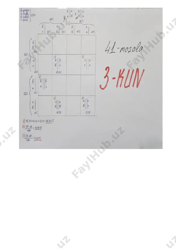 zigota dominant genlarni birini ota, ikkinchisini ona tarafdan olgan urg’ochi quyon. digeterozigota dominant genlarini faqat bir tarafdan olgan erkak quyon bilan chatishtirilsa. yuqoridagi ma’lumotlardan foydalanib quydagilarni aniqlang. topshiriqni bajarish tartibi: 1) belgilar va ularni boshqaruvchi genlarni, ota-ona genotipini yozing; 2) pennet kataklariga ota-ona gametalarini va avlodlar genotipini yozing. berilgan ma’lumotlardan foydalanib quyidagi (a-c) topshiriqlarni bajaring. a) malla yungli, pushti ko’zli quyonlar tug’ilish extimolini % da toping b) digomozigota qo’ng’ir yungli qizil ko’zli quyonlar xosil bo’lish extimolini % da toping c) malla yungli, qizil ko’zli quyonlar tug’ilish extimolini % da toping 42-masala. odamlarda katarakta (a), polidaktiliya (b) va miopiya (d) kasalliklarini yuzaga chiqaruvchi dominant genlar bitta autosoma xromosomada to‘liq birikkan holda irsiylanadi. sochning jingalakligi (h) boshqa autosomada joylashgan dominant belgi bo‘lib, bu belgi silliq soch ustidan chala dominantlik qiladi va oraliq holatda taram-taram sochni yuzaga chiqaradi. ko‘zning optik atrofiyasi jinsiy x xromosomada joylashgan retsessiv (e) gen tomonidan boshqariladi. silliq sochli, katarakta …