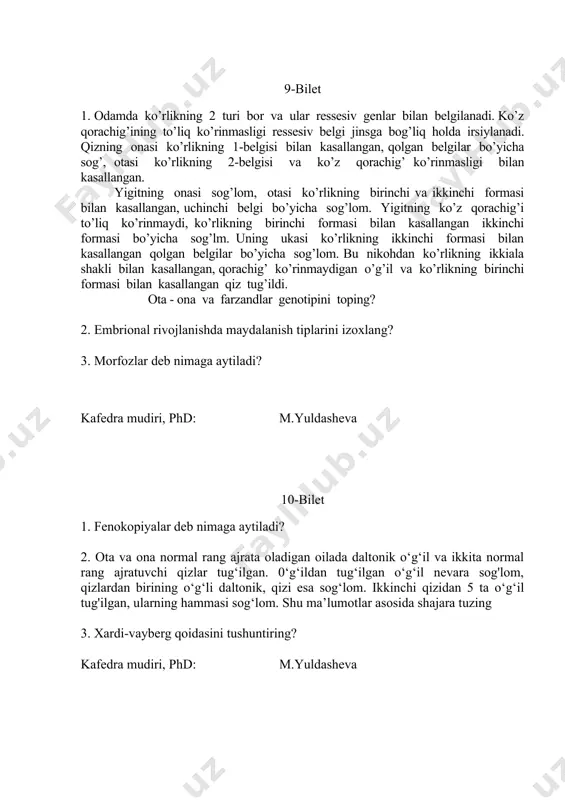 ala dominantlik qiladi. geterozigotalar mevasining rangi oraliq bo‘ladi.meva rangining yuzaga chiqishi ikkinchi juft dominant genga bog‘liq. uning retsessiv alleli ingibitorlik vazifasini bajarib, meva rangining oq bo‘lishiga olib keladi. tajribada seleksioner olim tomonidan sachratqi mevasining rangi oraliq bo‘lgan digeterozigotali va geterozigota oq o'simliklari o‘zaro chatishtirilishi natijasida birinchi avlodda 460 ta o‘simlik olingan bo‘lsa, to’q sariq mevali o‘simliklar sonini aniqlang. 3. xramasoma kasalliklarini kelib chiqish sabablarini tushuntiring? kafedra mudiri, phd: m.yuldasheva